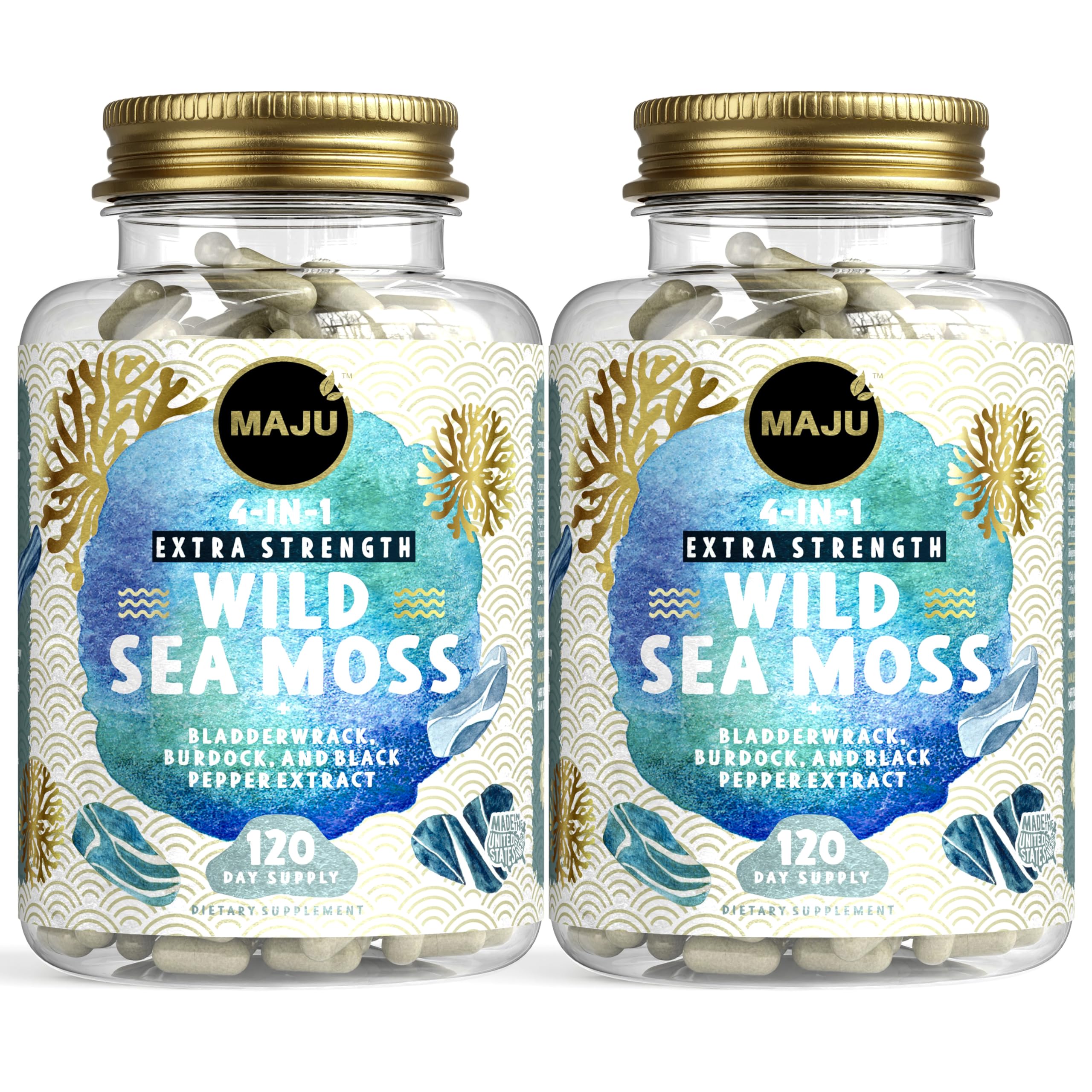 MAJU Wild Irish Sea Moss Capsules (120ct), Stronger Than Gel, 4-in-1 w/Bladderwrack + Burdock Root, Organic, Sebi Inspired, Raw, Seamoss Pills Powder, Wild, (2-Pack) 4-in-1 Wild Sea Moss Capsules 120 Count (Pack of 2)