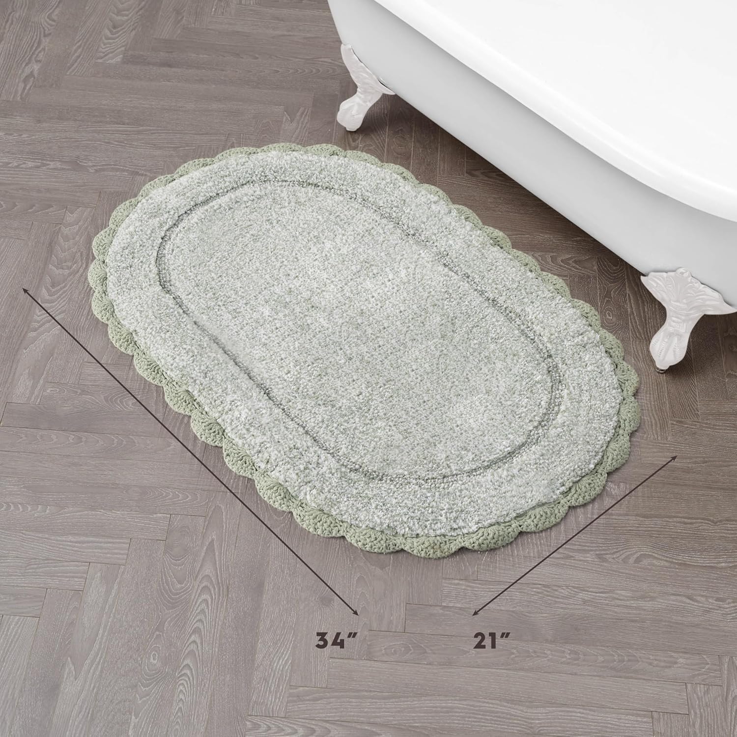 Laura Ashley Eloise 100% Cotton Oval Bath Mat with Crochet Border, Soft & Absorbent, Sea Foam 21" x 34" Bathroom Rug