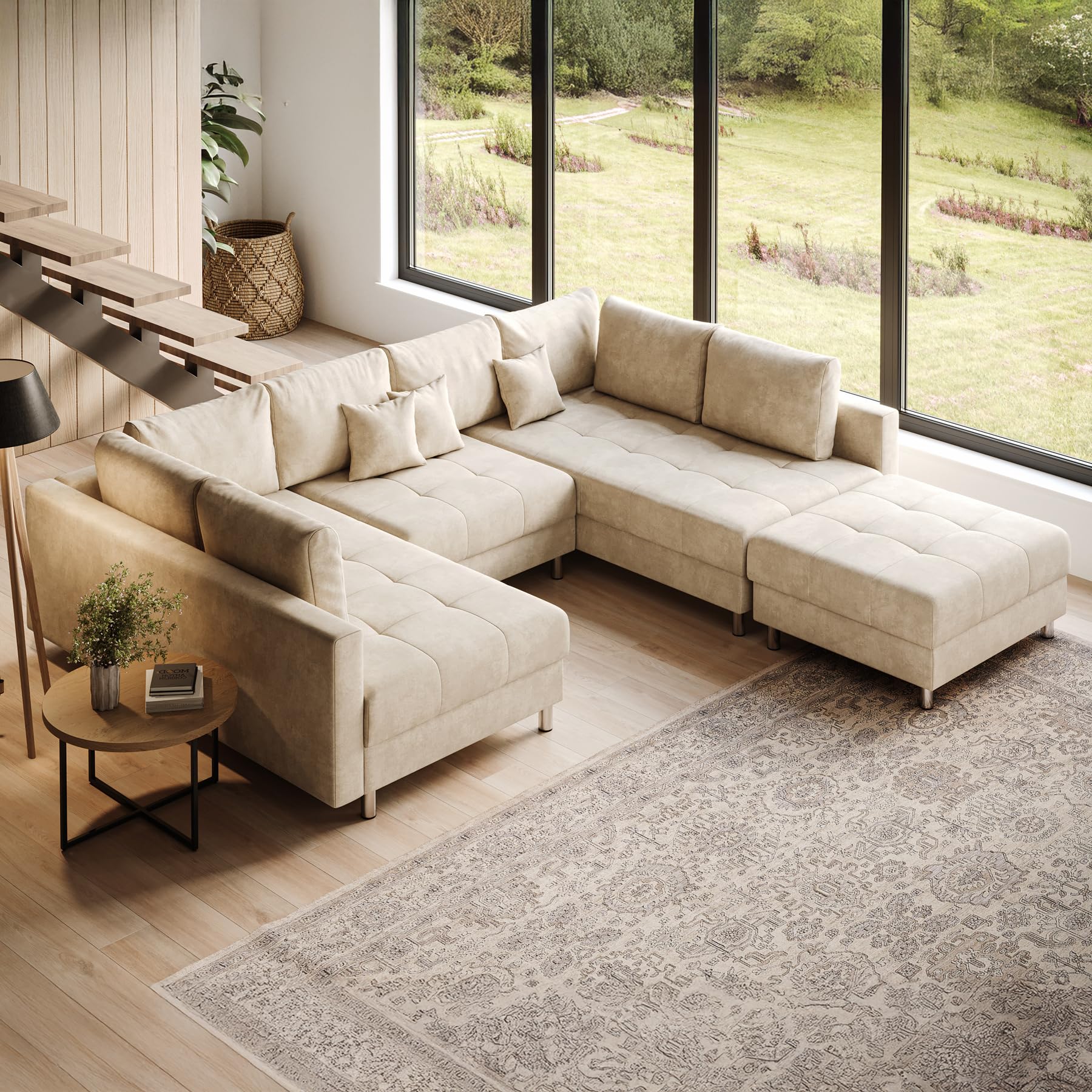 riess-ambiente.de Moderne XXL Wohnlandschaft Kent 305cm Champagner beige Samt inkl. Hocker und Kissen