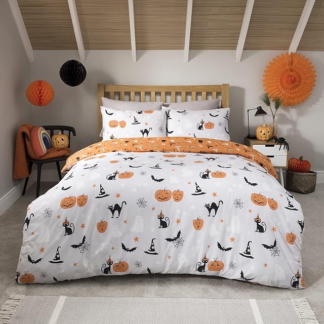 Sleepdown Halloween Pumpkins Multi Reversible Soft Easy Care Duvet Cover Quilt Bedding Set with Pillowcases - Double (200cm x 200cm)