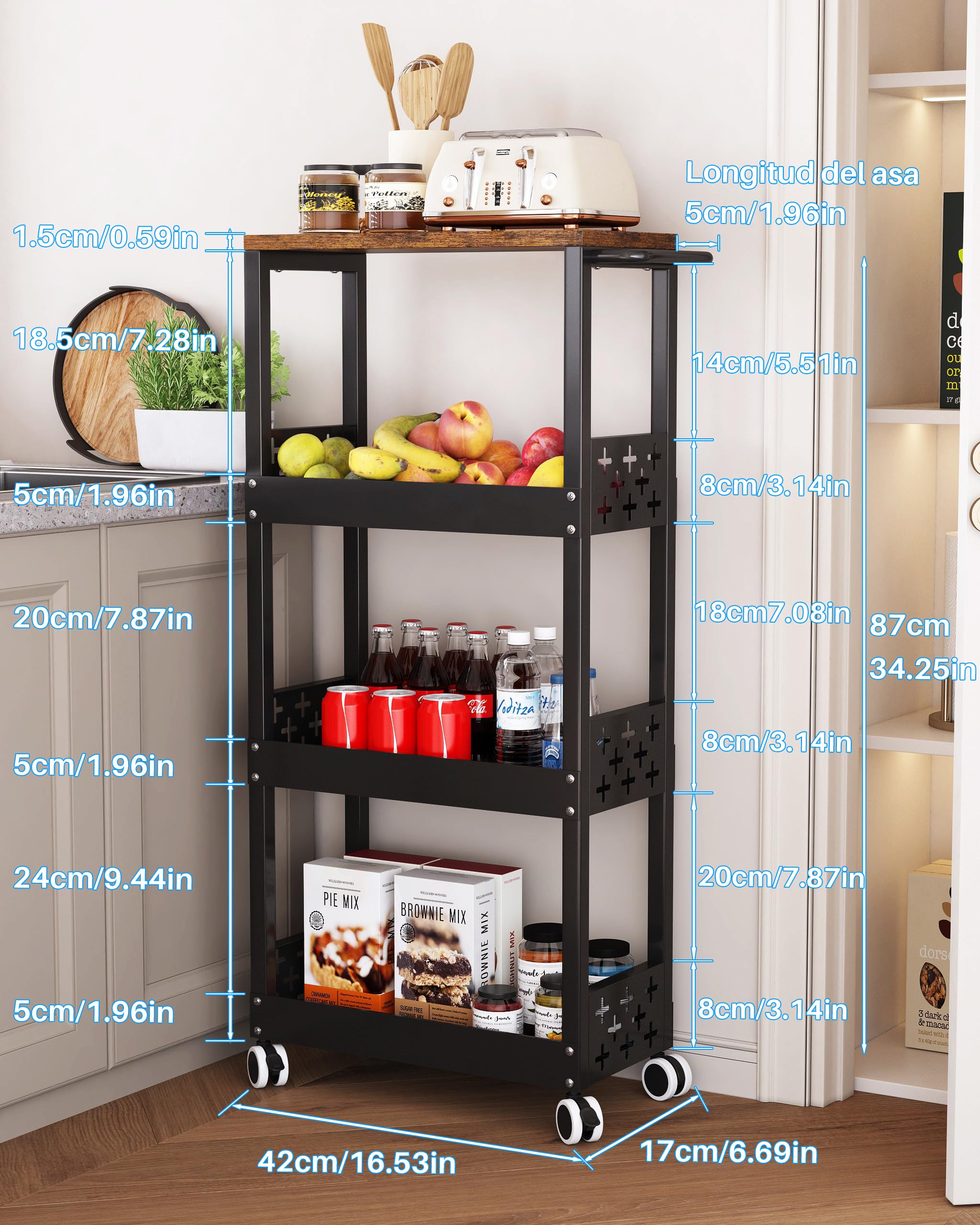 UMDONX Carrito Cocina Estrecho de Metal Carrito Auxiliar con Ruedas, Carrito de Servicio de 4 Niveles para Espacios Pequeños Baño Lavadero, 42x17x87cm (Negro)