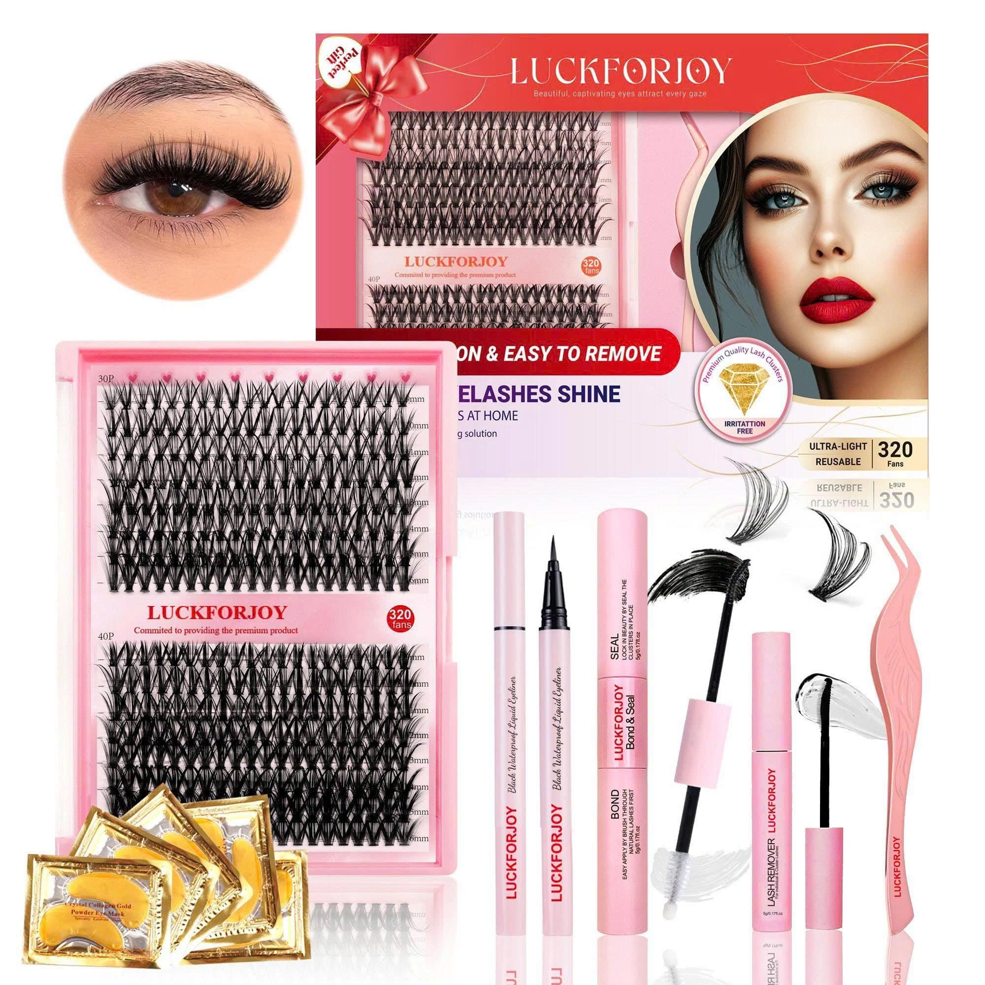 LUCKFORJOY Lash Clusters Kit -320PCS DIY Lash Extension Kit with Eyelash Clusters, 30D-40D False Eyelashes, Lash Bond & Seal, Tweezers, Remover,