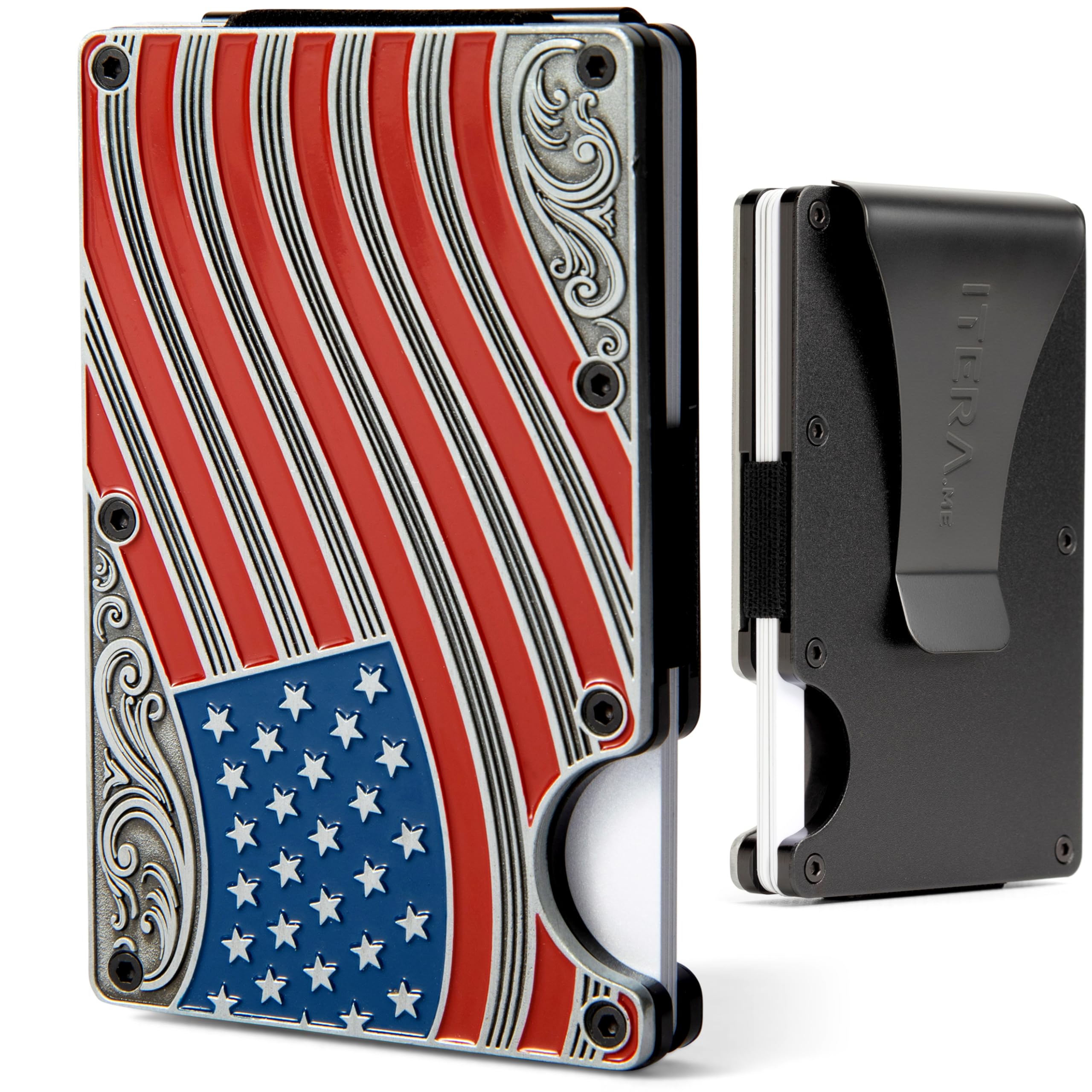Itera American Flag Wallet Engraved Metal Cardholder/WITH REMOVABLE Money Clip for Men with RFID Blocking - Slim, Stylish, and Secure Credit Card
