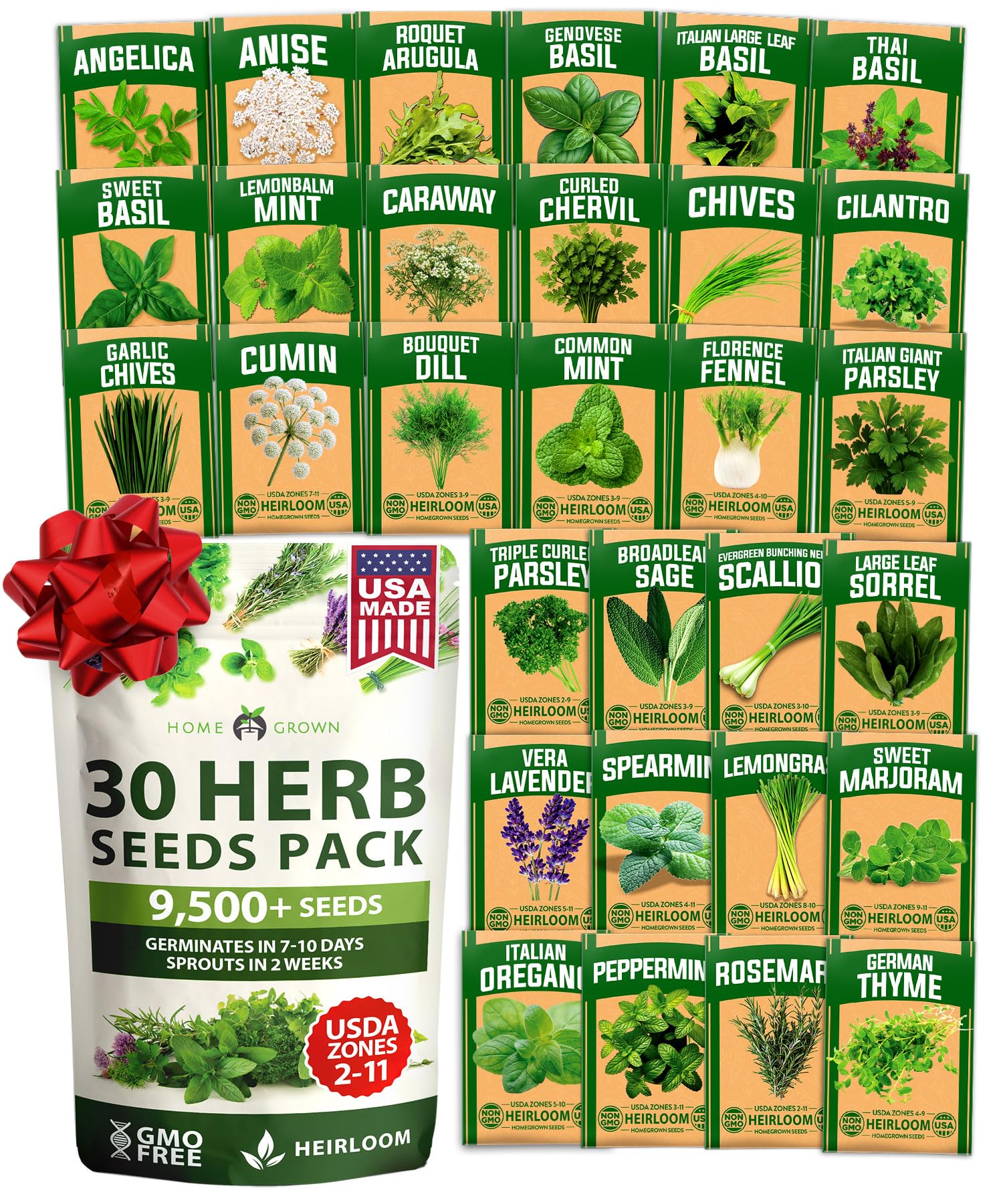 HOME GROWN 30 Herb Seeds for Planting 9,500+ Non-GMO Heirloom Seeds | Extra Large Variety Pack Herb Kit – Indoor Outdoor & Hydroponic | Culinary Seed Set | Grow Your Own Herbs | Gardening Gift