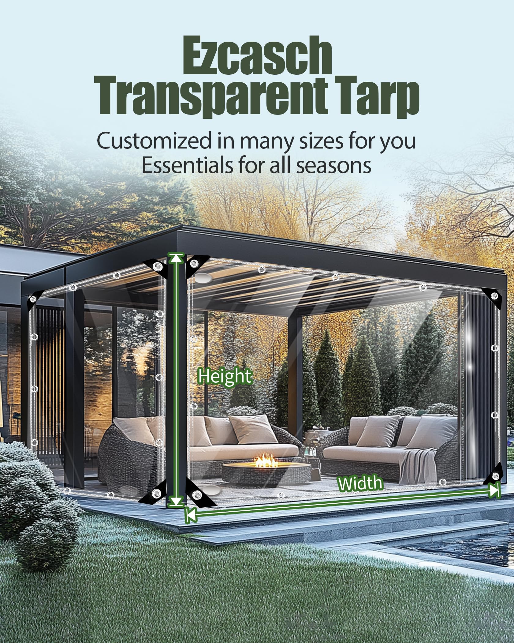 2.5x3m Plane Transparent mit Ösen Durchsichtige Plane Wasserdicht Abdeckplane, 420g/m² Abdeckplane Klare Abdeckfolie Windschutz Terrasse für Außenbereich