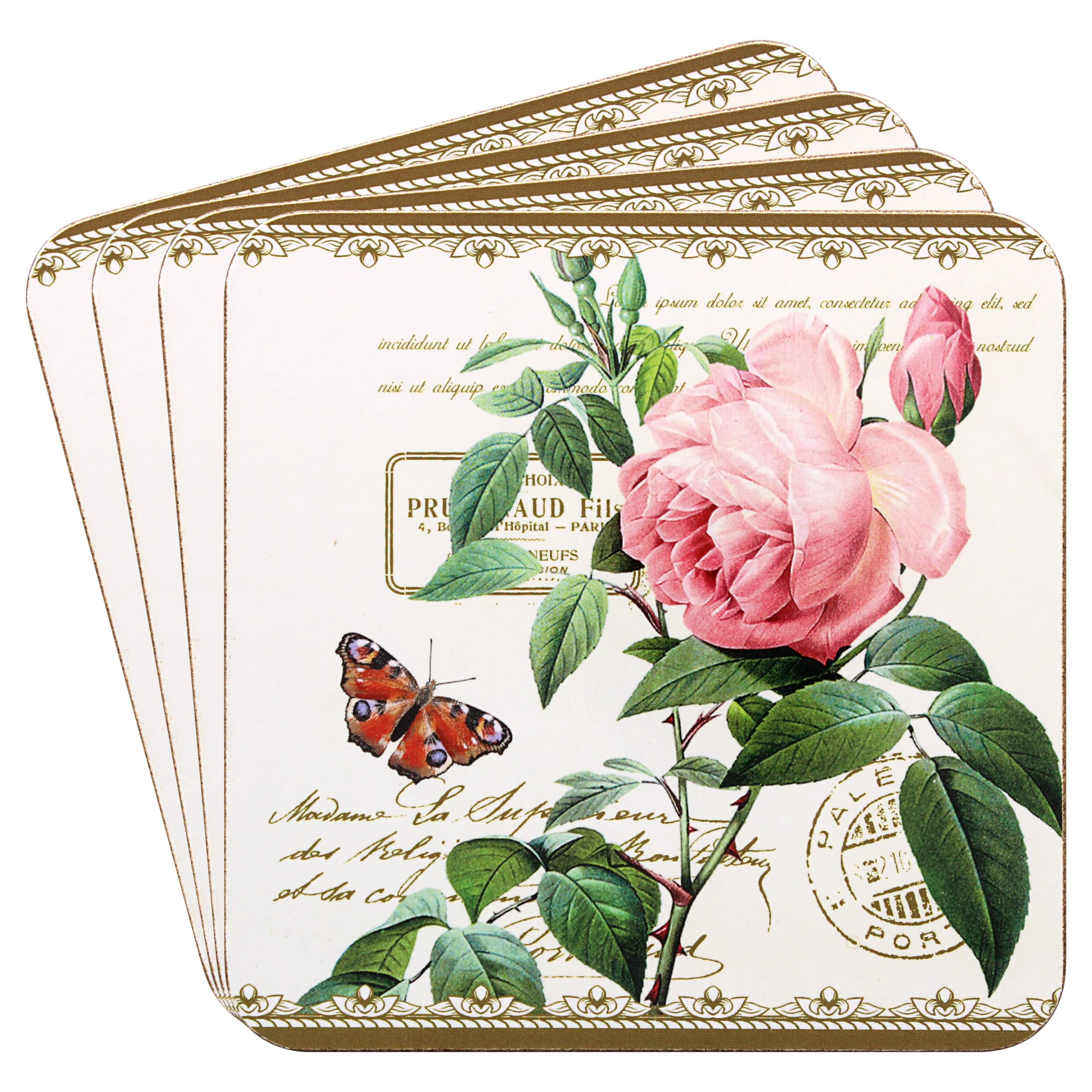 The Leonardo Collection Redoute Rose Coasters Set of 4 Pierre-Joseph Redoute For Home & Office | Stylish Coaster For Tabletops & Dining Spaces | Decorative Home Accessories for Drinks & Tables