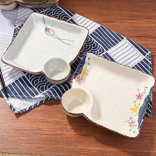 Miniatura 8 de Whitenesser Juego de 2 platos cuadrados de cerámica y sushi de estilo japonés con compartimentos para salsa, elegantes platos hechos a mano para