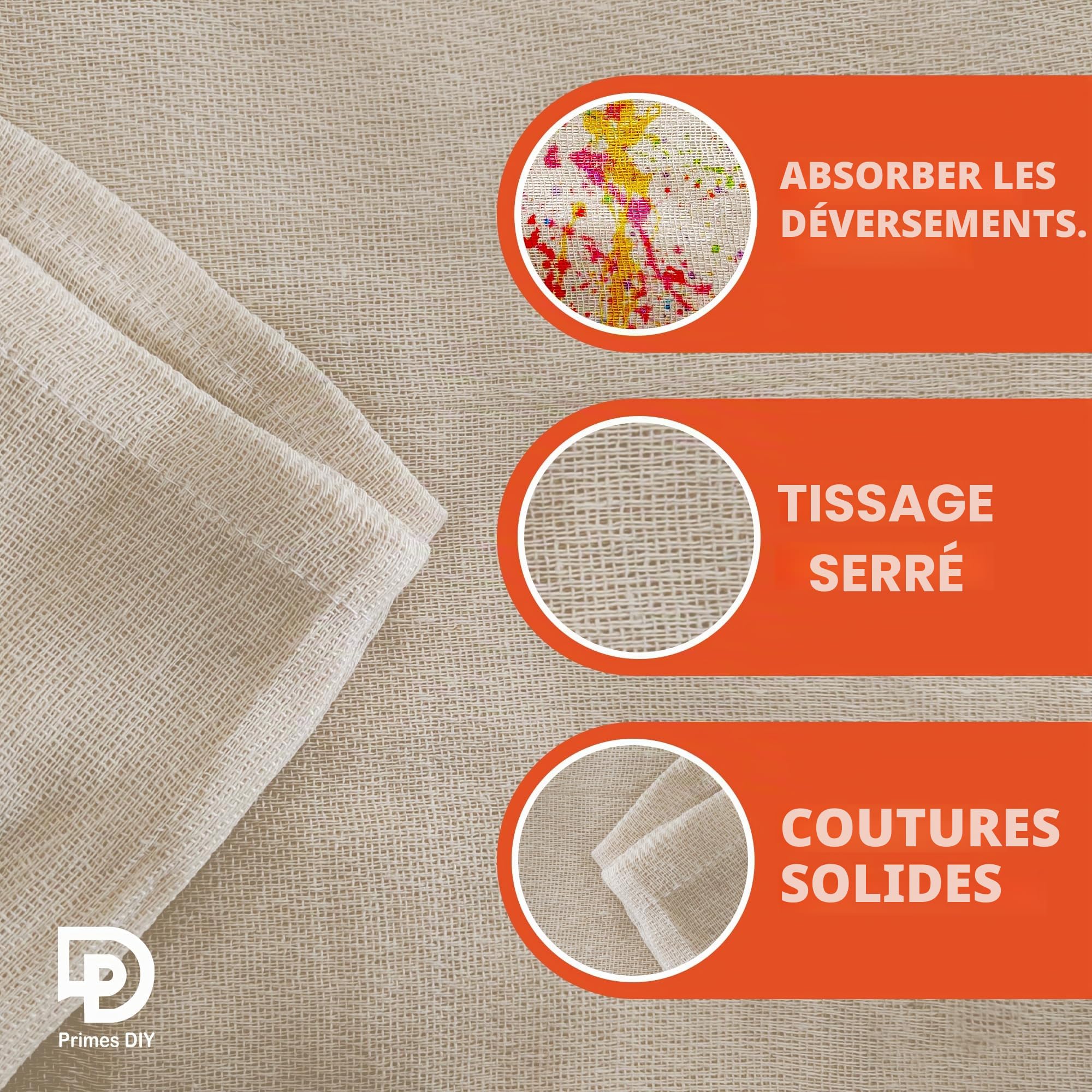 PRIMES DIY Bâche anti-poussière en coton sergé de qualité professionnelle pour peinture et décoration, durable, réutilisable, housse de meubles, toile naturelle, tissu de haute qualité, 3,7 x 2,7 m