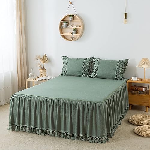 Vista 20 de Softta Falda de cama de 3 piezas, tamaño Queen, con borlas y volantes, estilo bohemio, 100% algodón lavado, color blanco sólido Blanco marfil