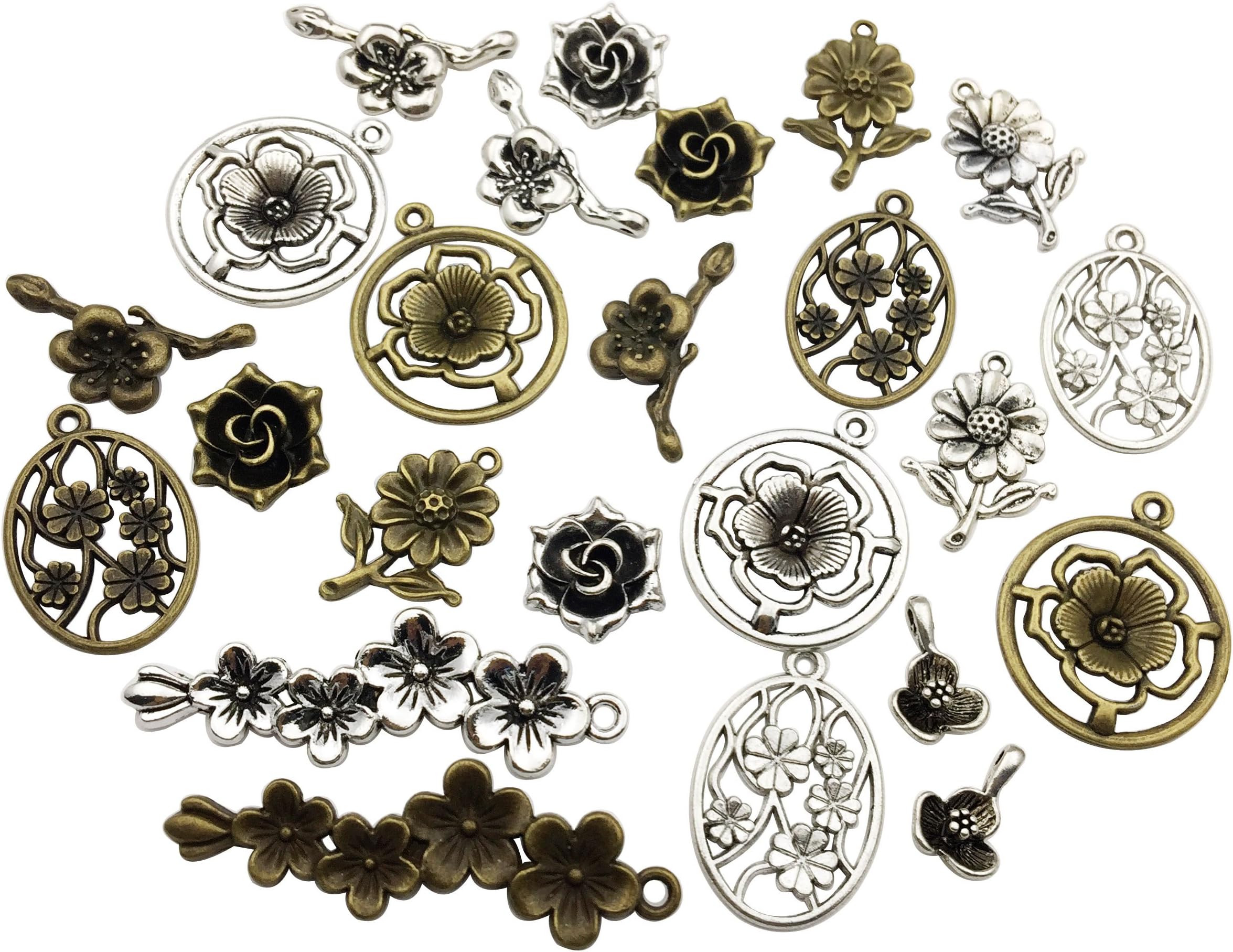 100g Flower Connecor Charms for Jewellery Making Mixed Antique Silver Bronze Peach Blossom Cherry Flower Plum Rose Hollow Metal Alloy Pendants WM094