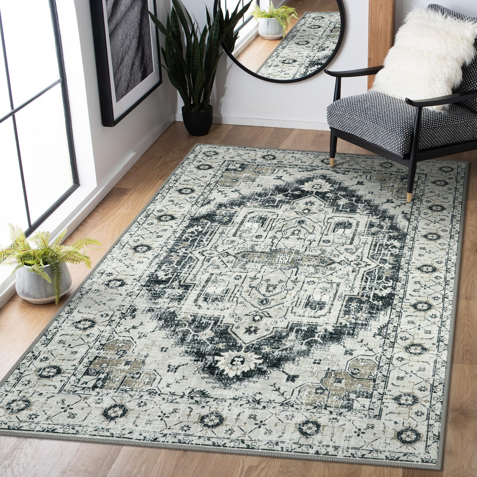Lanffia Boho Medallion Area Rug - 3x5 Washable Bedroom Rugs Bohemian Entryway Rug Printed Bathroom Accent Mat, Distressed Soft Non Slip Bedside Carpet for Dorm Basement Foyer Living Room, Light Gray