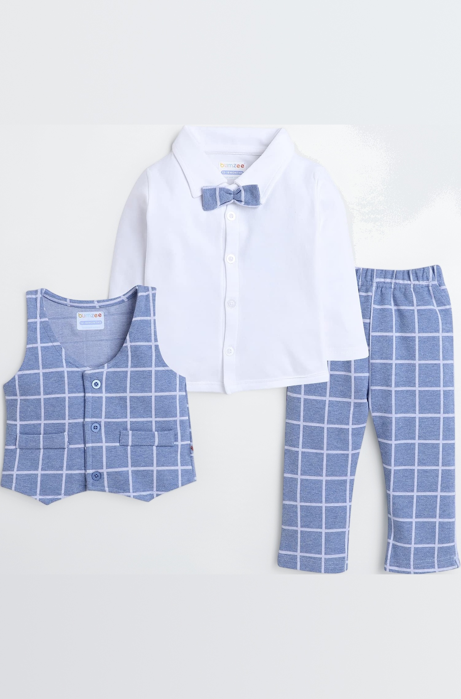 Beige & Navy Boys Full Sleeves Shirt Waistcoat & Pant Set with Applique Bow (Peb8050)