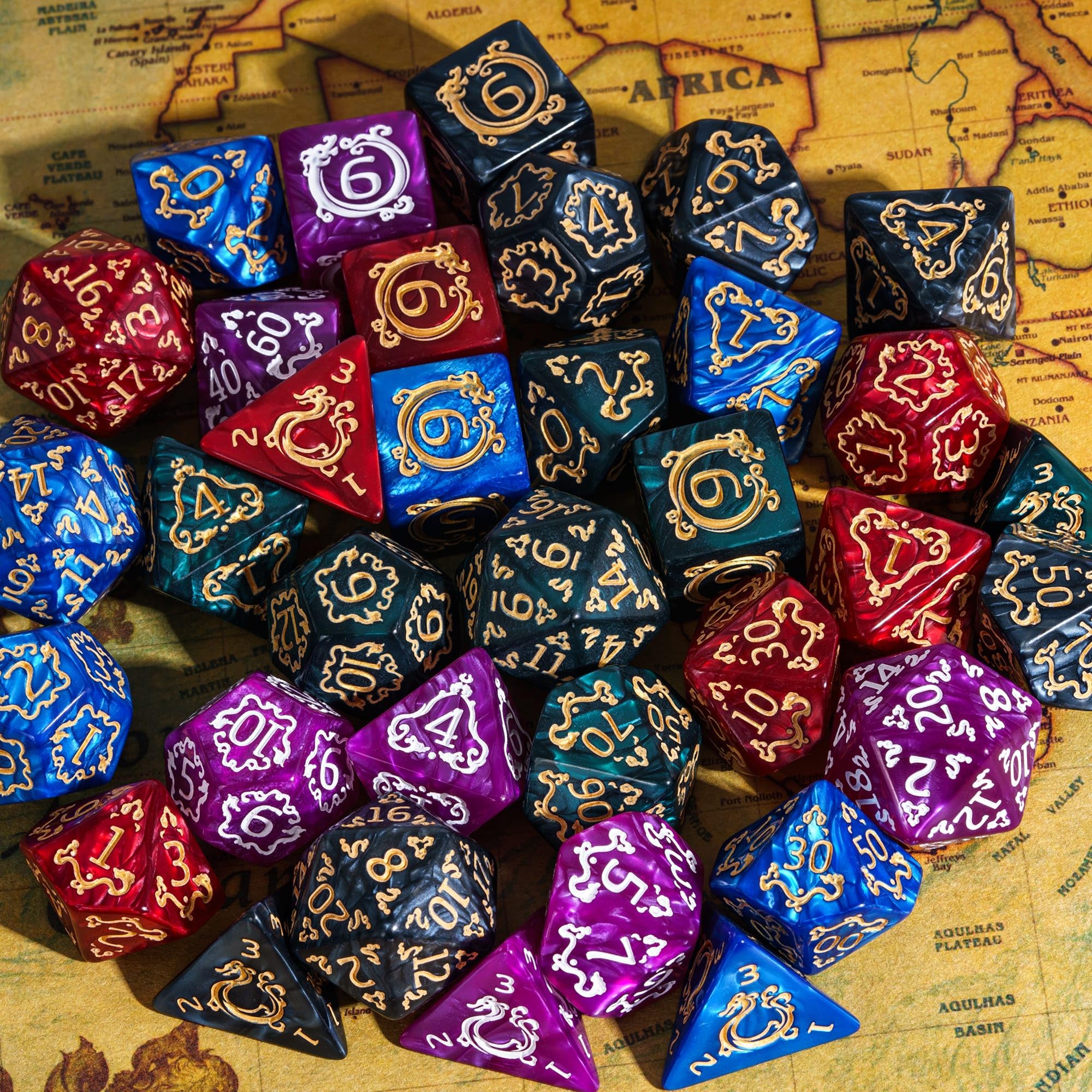 Set di 5 set di dadi poliedrici con motivo drago, 35 pezzi, con borsa in pelle, set di dadi per giochi di ruolo da tavolo