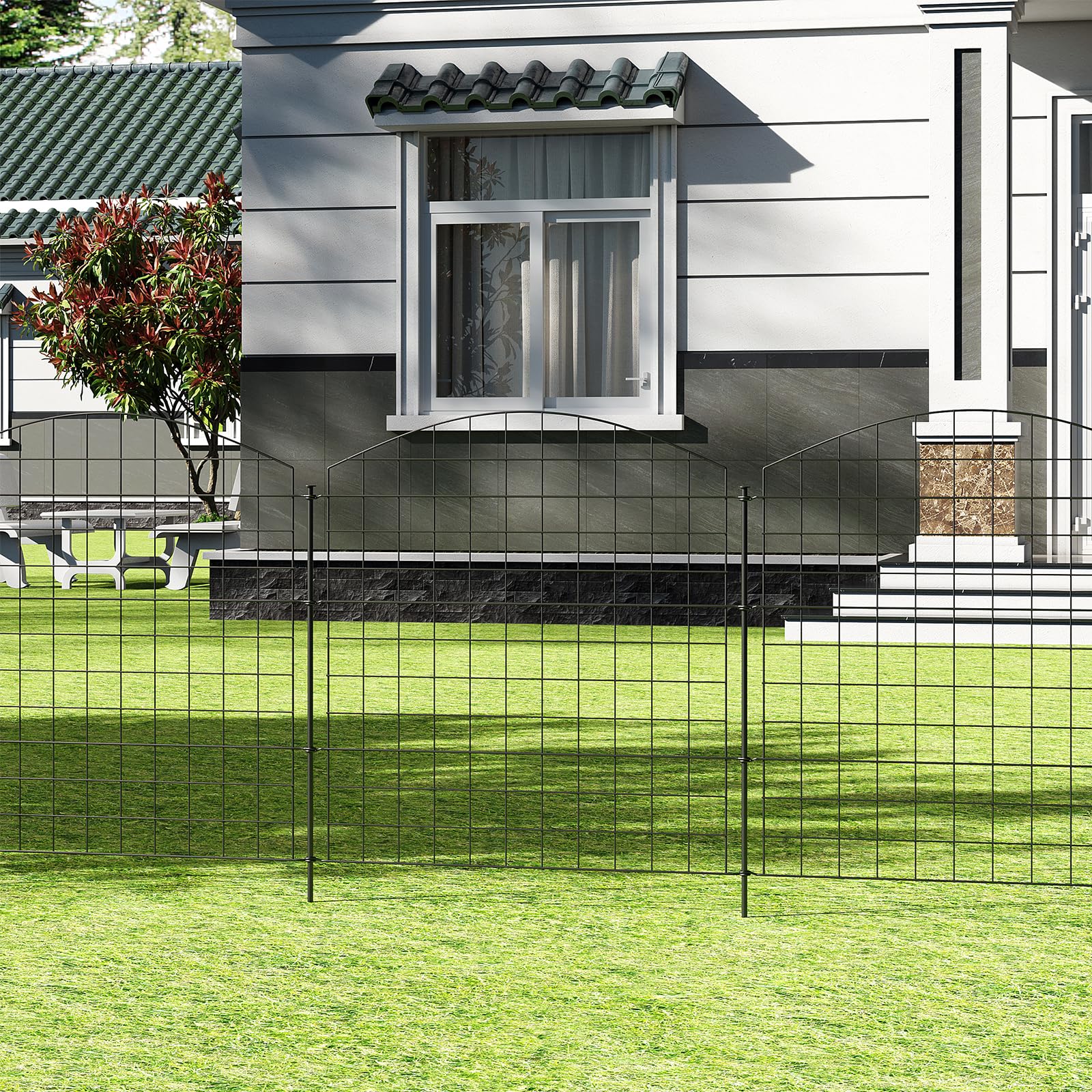 WOLTU Clôture de Jardin, Clôture Décorative, 10 Panneaux Métalliques à Connecter avec Piquet de Terre, en Grille, 78x70 cm, en Forme Arc, Noir