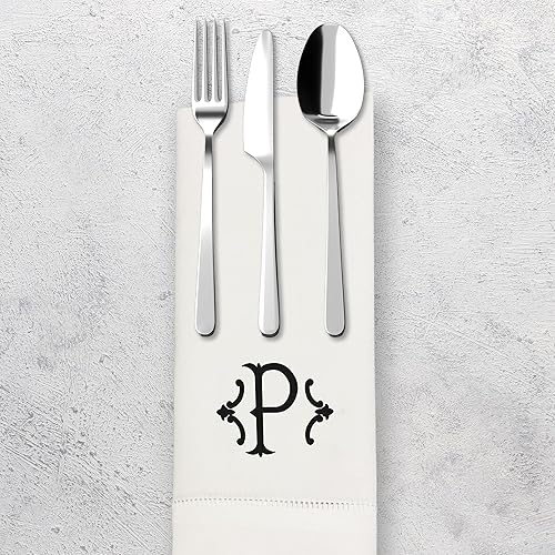 Miniatura 6 de Servilletas de mesa de algodón de alta calidad con inicial bordada, paquete de 4, 20 x 20 pulgadas, lavables, diseño de vainica, elegantes