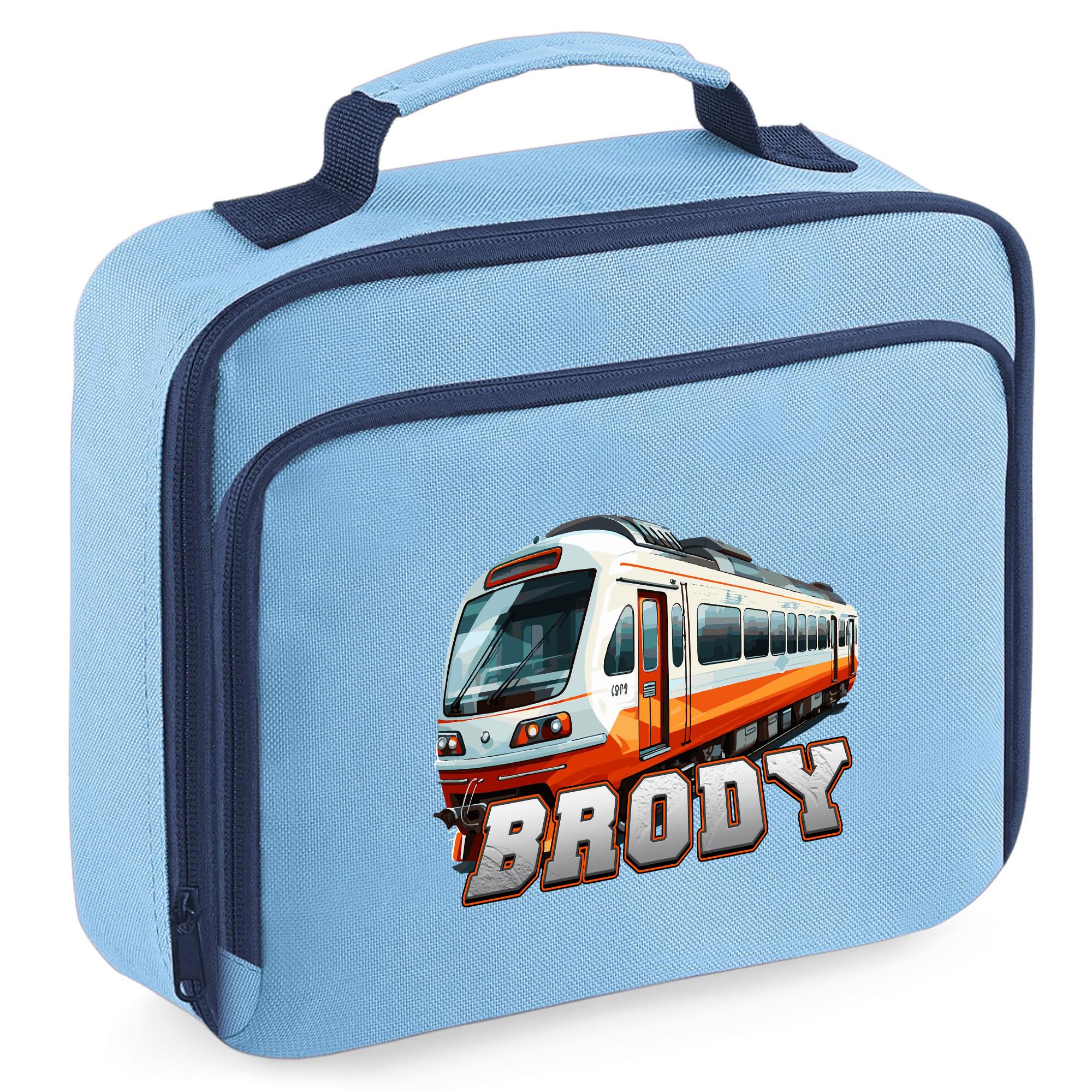 Purple Print House Passenger Train Boys Custom Lunch Bag Personalised Name Back to School Nursery Lunchbox for Kids Infants New Term Gift, 24cm x 20cm x 8cm, Sky Blue