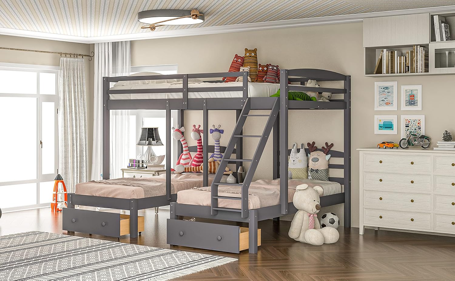 Flieks Full Over Twin & Twin Bunk Bed,Triple Bunk Bed Frame for Boys Girls Kids Adults Toddler with Drawers, Gray