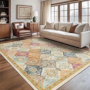 Rugland 5x7 Area Rugs - Stain Resistant Washable Rug, Anti Slip Rugs for Living Room, Vintage Tribal Area Rugs(TPR09-Multi, 5'x7')