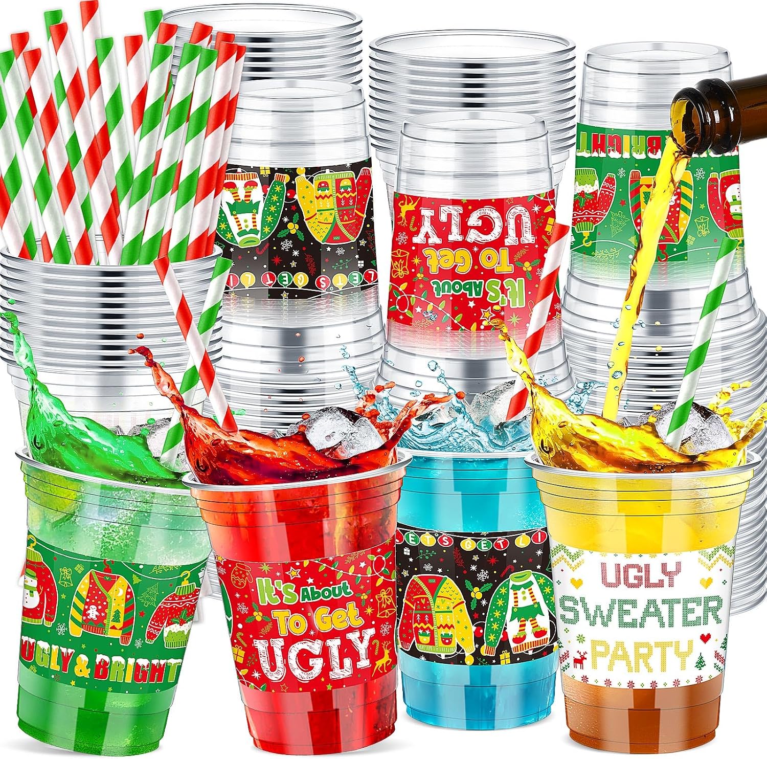 Jingmore 48 Pcs 12 oz Christmas Ugly Sweater Plastic Cups with Straws Christmas Disposable Plastic Cups Winter Xmas Holiday Party Cup Bulk for Merry Christmas Party Supplies Xmas Party Decorations