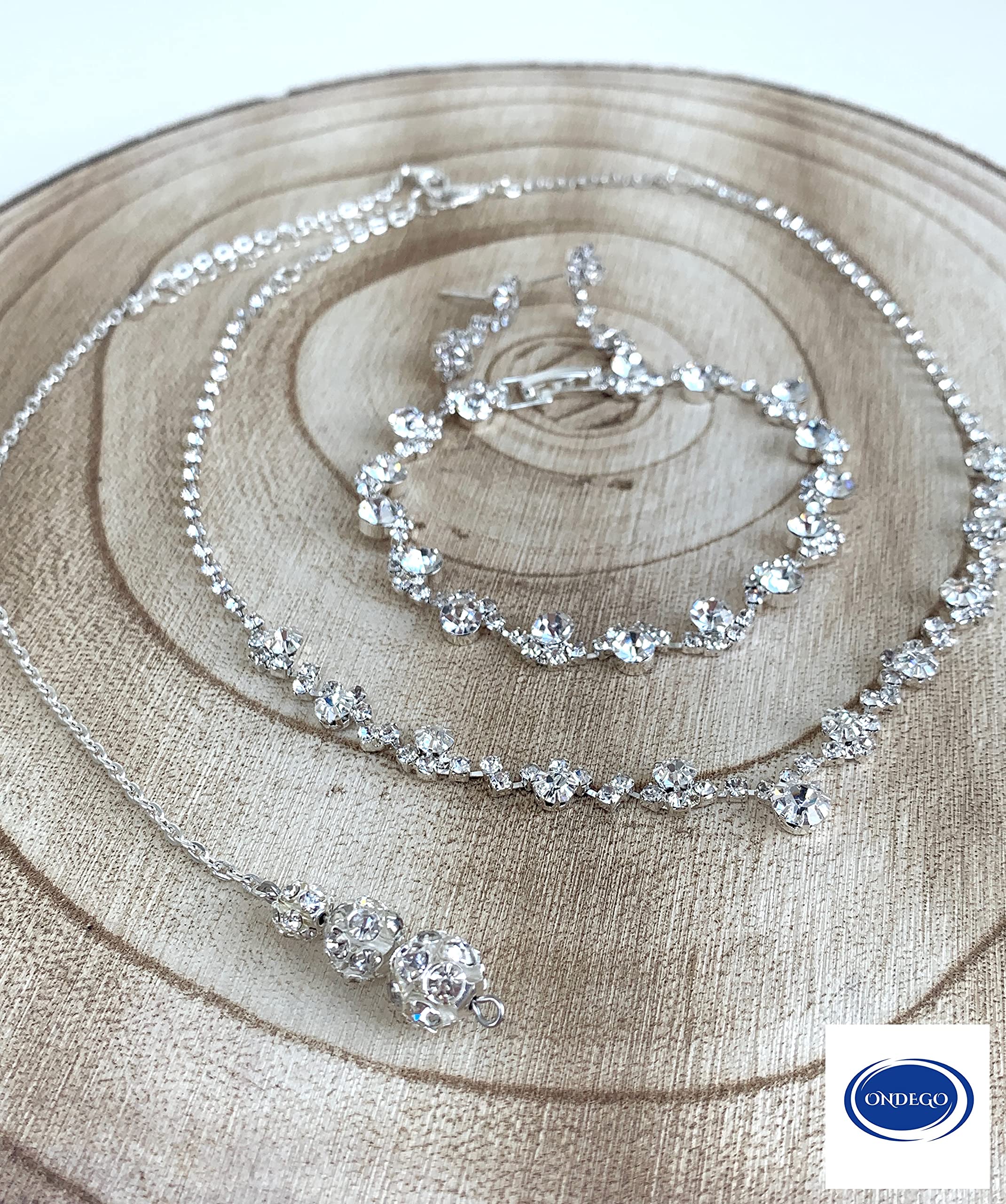 Brautschmuck Set Silber, Halskette 38-48cm, Rückenkette 23cm, Armband 18,5cm, Ohrringe 2,5cm mit Strass