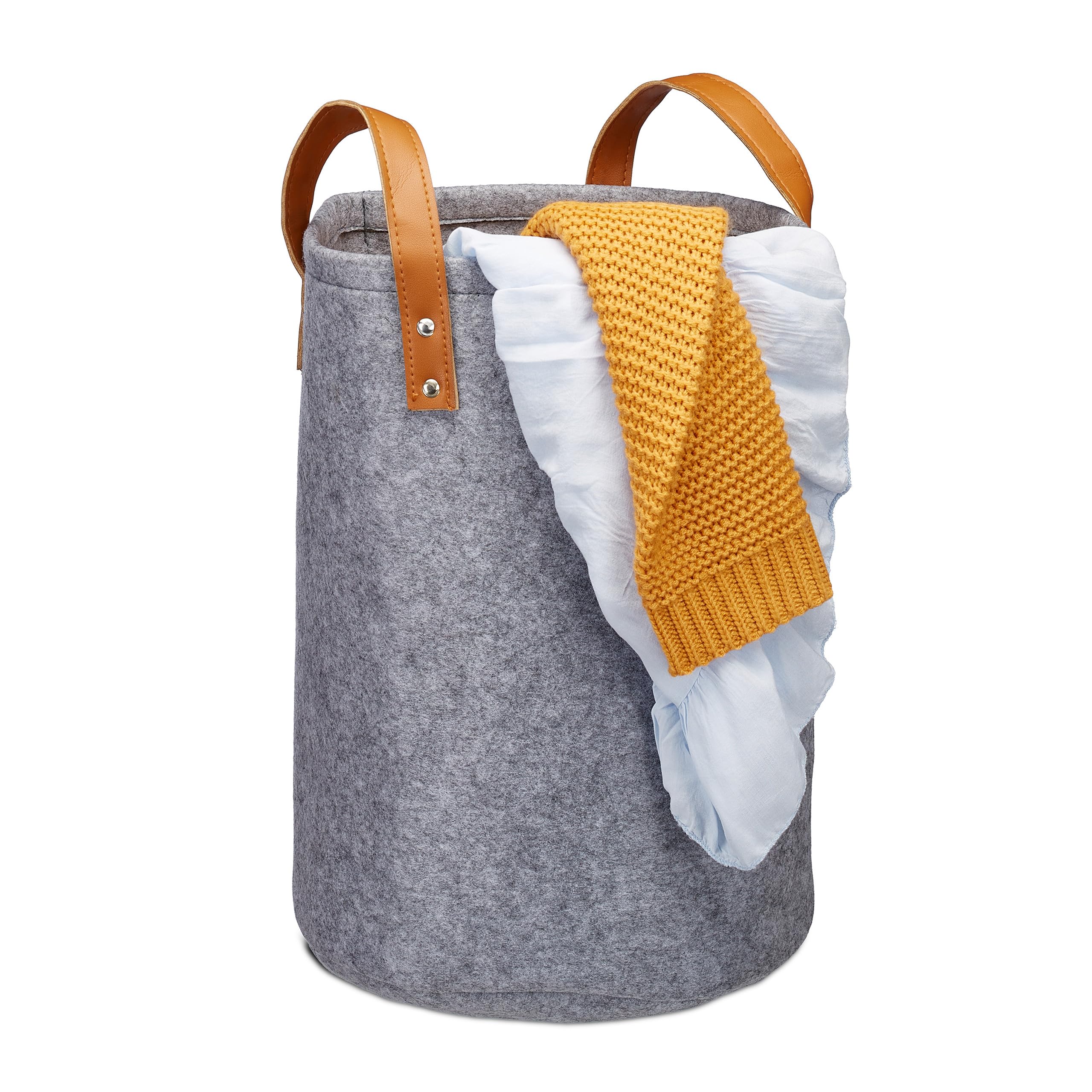 Relaxdays Felt Laundry Hamper, PU-Leather Handles, 28 L Storage Basket, Bathroom, HxD 45x30 cm, Anthracite