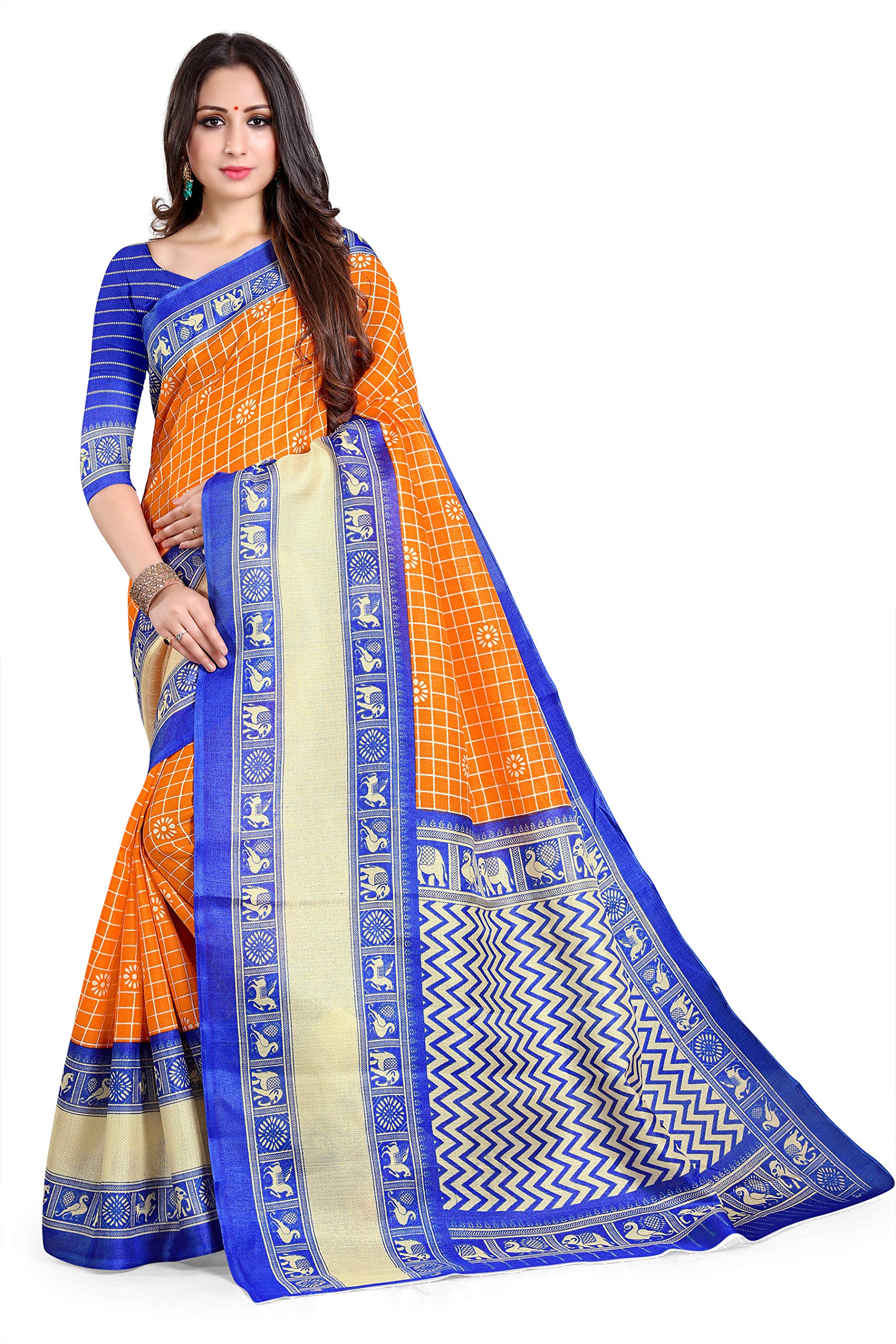 Shasmi Women's Woven Printed Art Silk Saree With Blouse Piece Khadi 1 Orange Blue And Royal