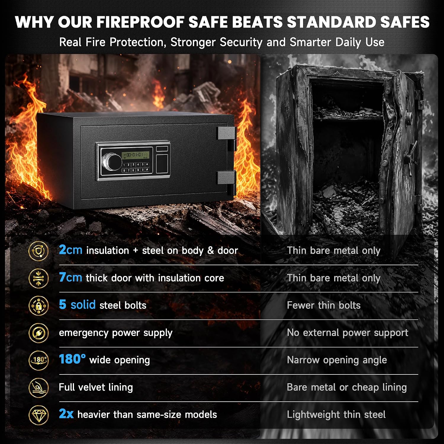 55LB UL Fire Rated 2-Hour Heavy Duty Fireproof Security Safe 9.8" Tall