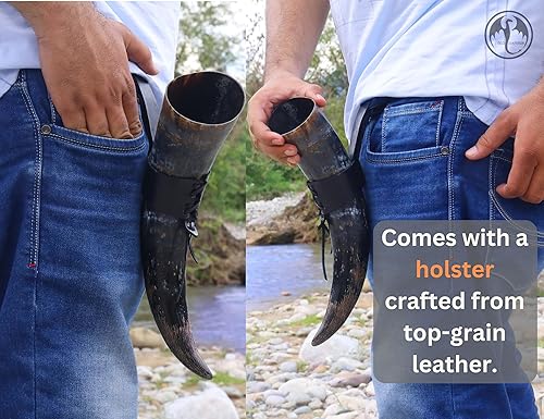 Miniatura 2 de OLDEMPEROR Cuerno vikingo para beber  12 pulgadas con funda de cuero  Taza de cerveza hecha a mano  Grado alimenticio  Cuerno de buey genuino