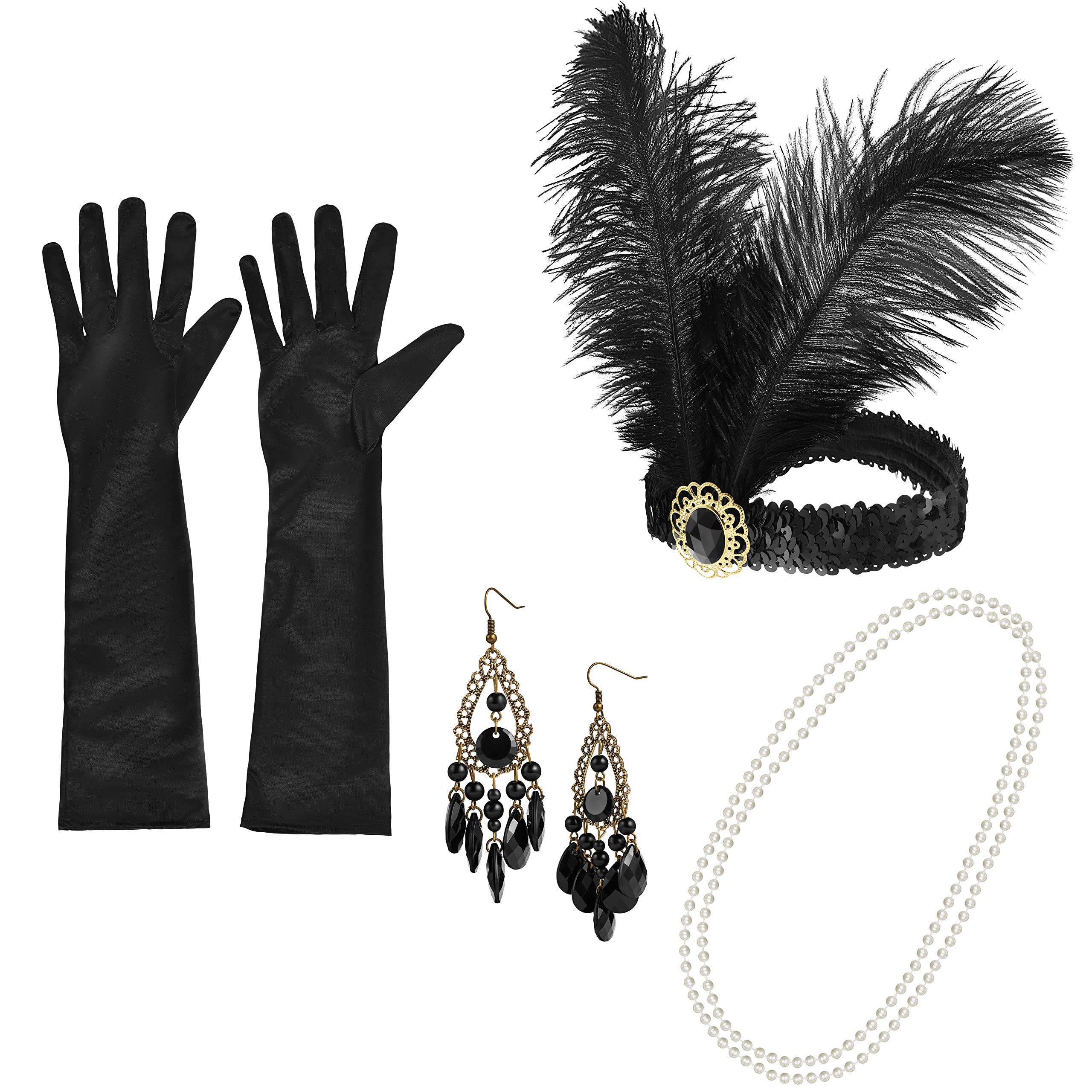 Balinco 1920s Accessories Set, Neck Pearl Necklace, Black Gloves, Earrings, Flapper Headdress Hair Band, Carnival, Fancy Dress, Festival, 20s
