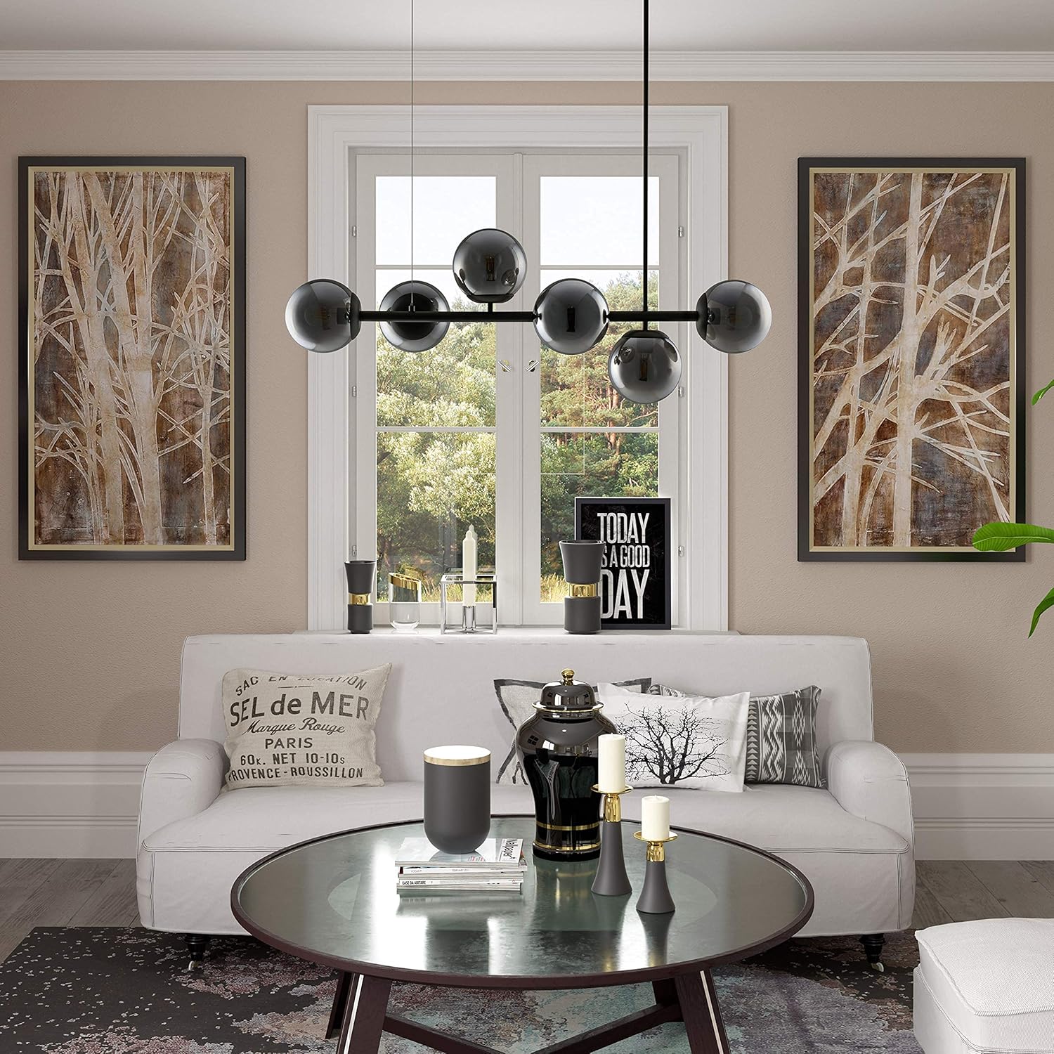 Linea di Liara Caserti Modern Chandelier Rectangle Light Fixture 6-Light Smoke Glass Globe Linear Chandelier Farmhouse Dining Room Light Fixtures Over Table Island Lights Black Kitchen Light Fixtures