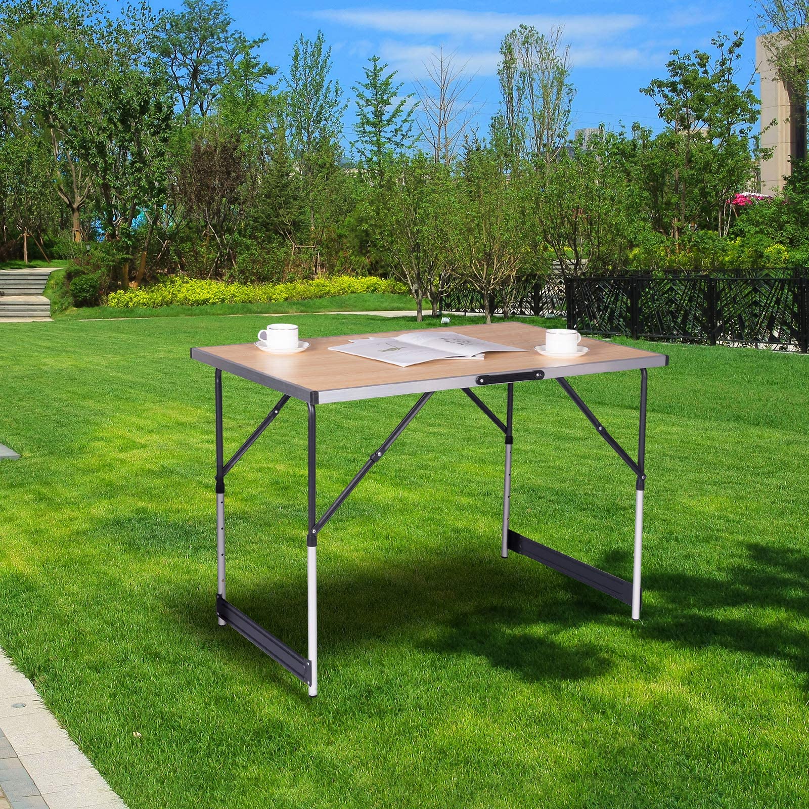 eSituro SCPT0006 Table de Jardin Pliable, Hauteur Réglable(73-94cm), Table Camping Rectangle en Aluminium,Chêne, Super Légre 100x60x94cm