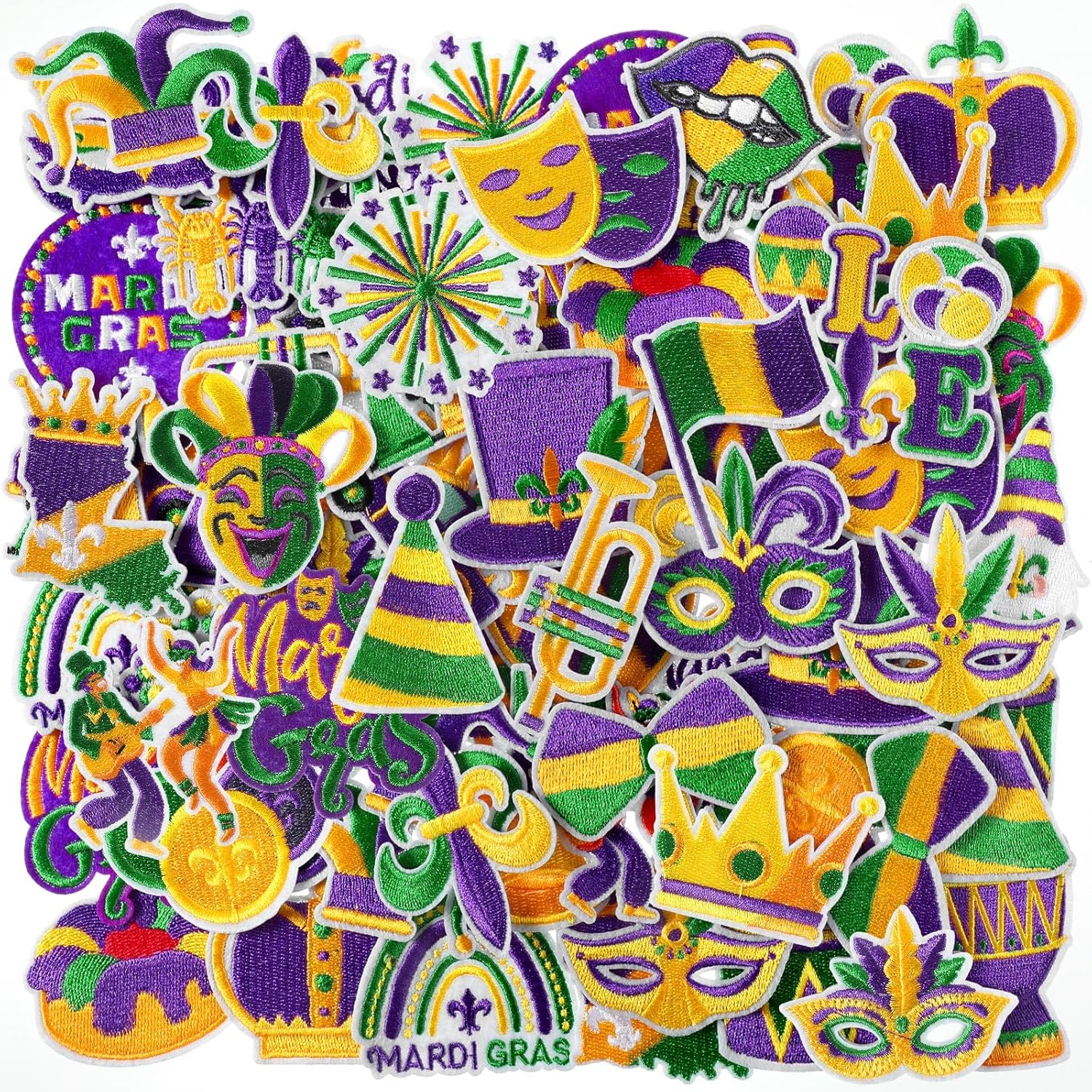 Zeyune 72 Pcs Mardi Gras Iron on Patches Bulk Carnival Sew on Repair Embroidered Patches Applique Fleur De Lis Mystery Mask Crown Cap Decor DIY Crafts Gift for Clothes Backpack Hat Jacket, 36 Styles