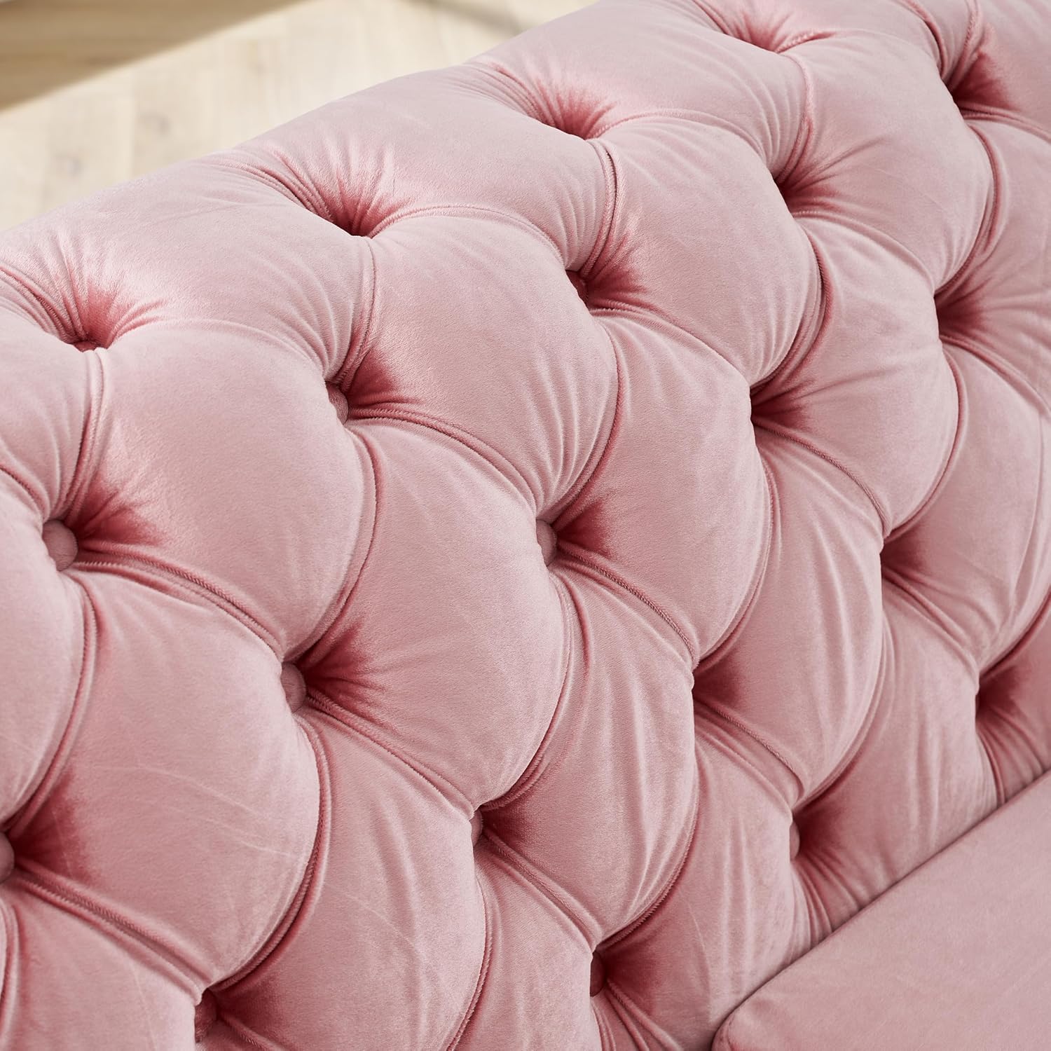 KEIKI 106" L-Shaped Luxury Velvet Chesterfield Sectional Sofa with Gold Stainless Steel Accents and 5 Pillows, Mid-Century Oversized 5-Seater Button Tufted Couch, Easy Assembly, for Living Room, Pink