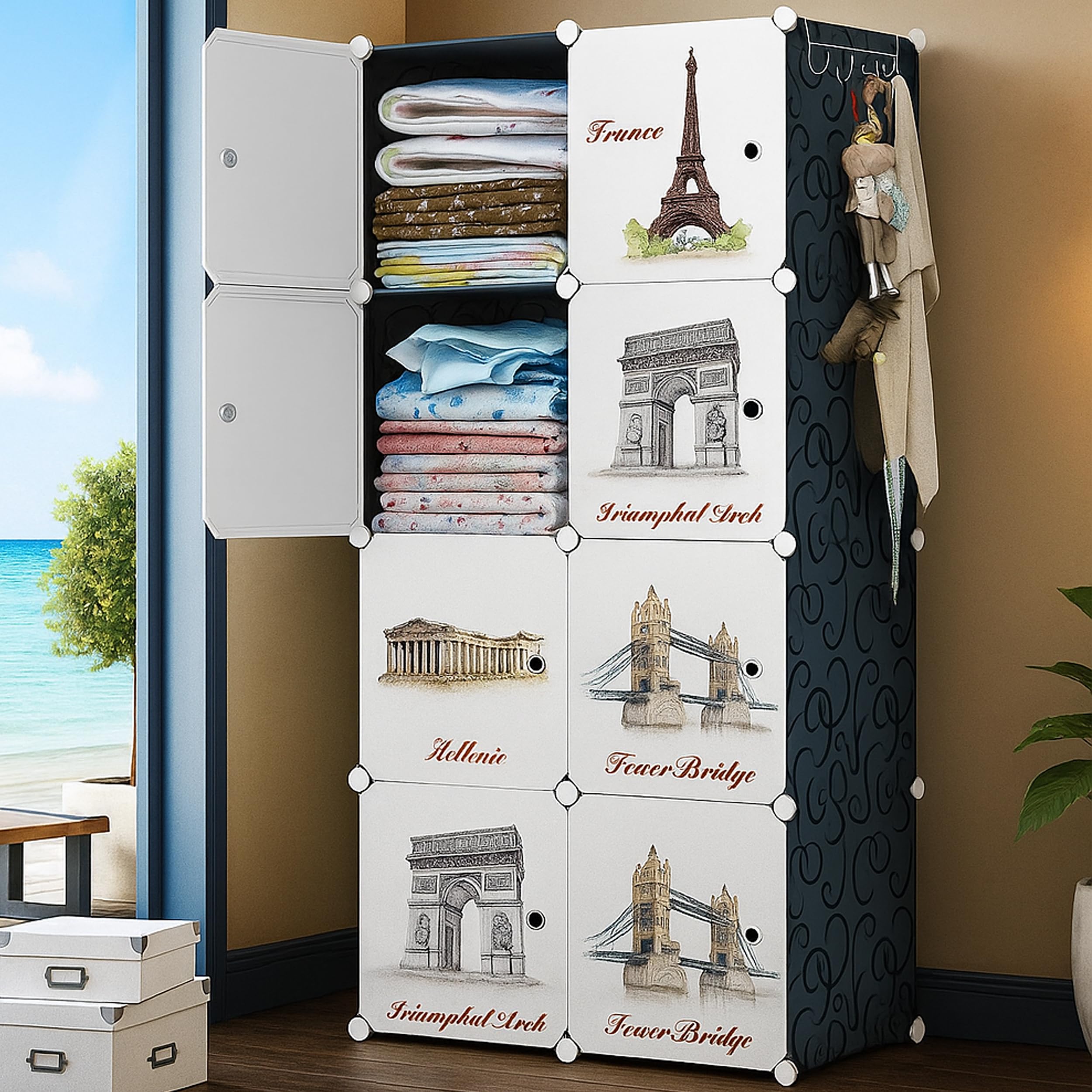 AYSIS Kids Plastic Collapsible Wardrobe Organizer for Storage | Cute Cartoon Design | Heavy Duty Cloth Organizer for Storage | Easy to Assemble | Perfect for Kids Room & Home | Black