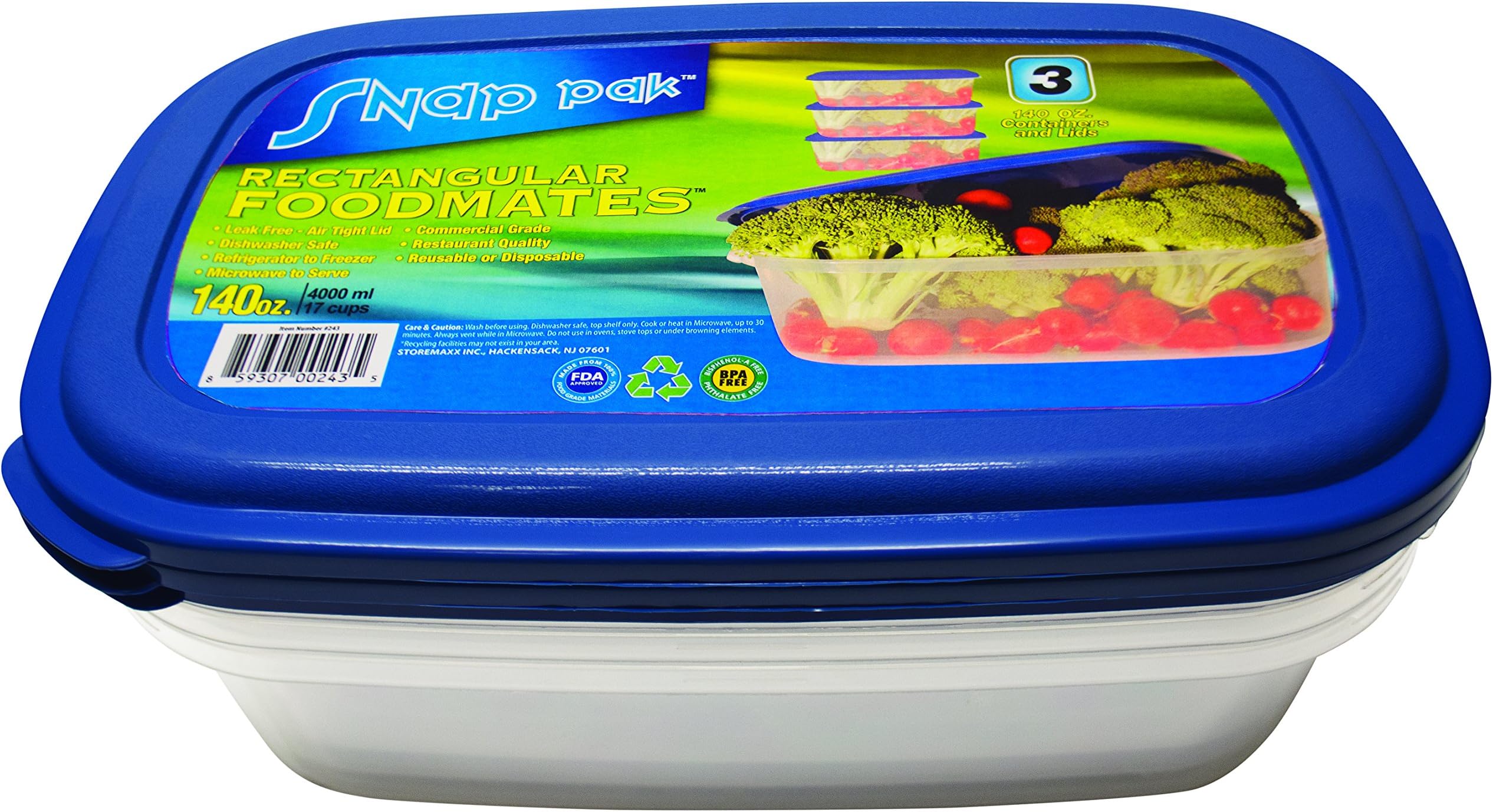 StoreMaxx Food Mates Rectangular Container (3 Pack), 140 oz, Slate Blue/Opaque