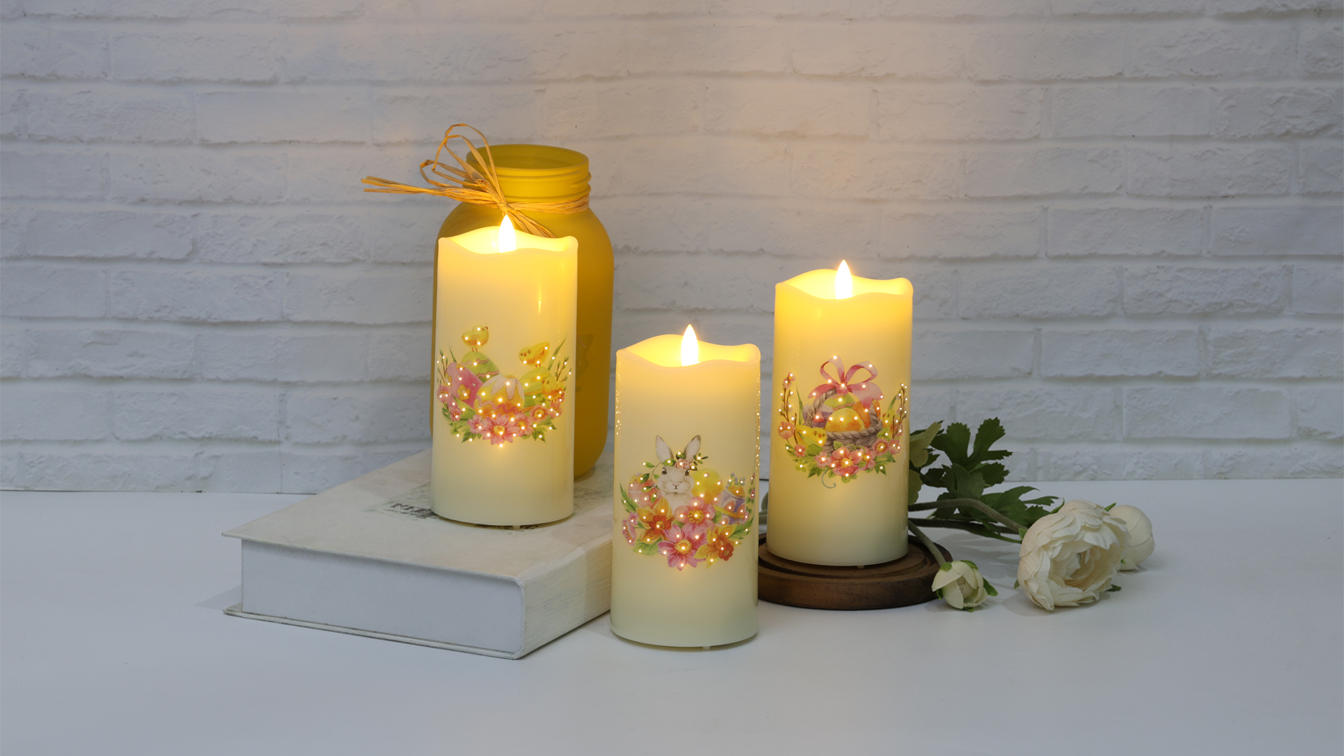 Image of Eywamage Fiber Optic Spring Flameless Candles with Remote, Flickering Easter LED Pillar Candles Battery Operated Set of 3