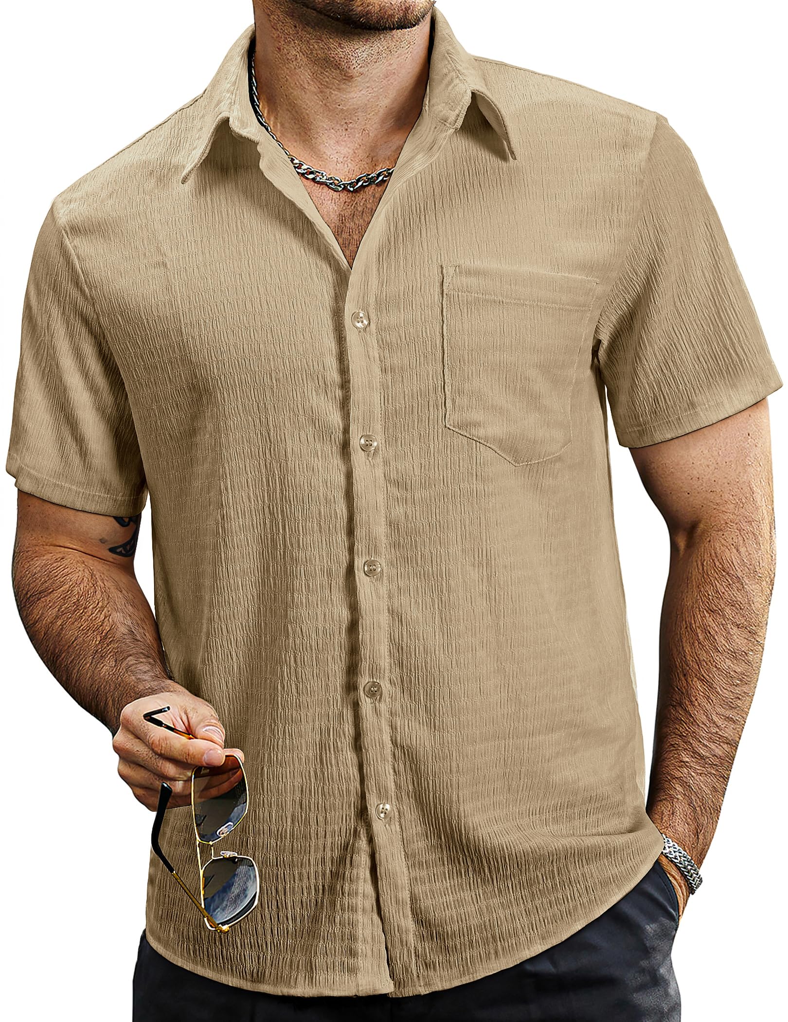 VATPAVE Herren Sommer Gestreifte Hemden Button Down Kurzarm Vintage Strand Hawaii Hemden mit Tasche