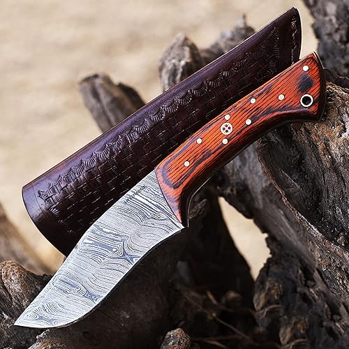Cuchillo de caza de Damasco hecho a mano de hoja fija de 9 pulgadas cuchillo skinner funda de cuero de cuchillo de desollar