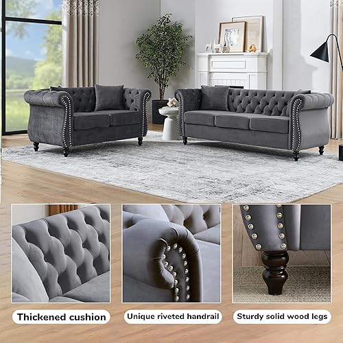 Miniatura 5 de Juego de 2 sofás de terciopelo gris moderno de 80 pulgadas, 3 plazas y 59 pulgadas, Chesterfield combinado copetudo con 4 almohadas, brazos