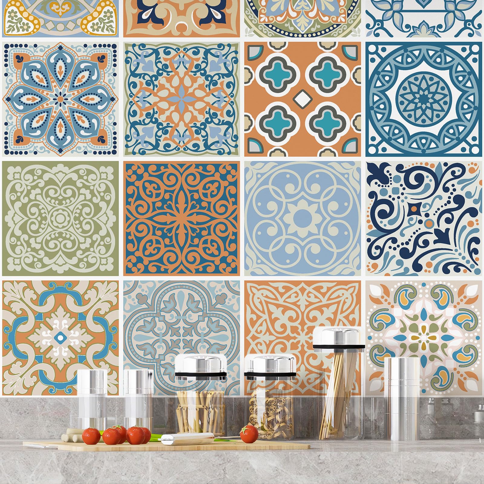 Lumalea Adesivo per cucina, effetto piastrelle di cemento, 3617689965550, adesivo + protezione opaca, 90 x 90 cm