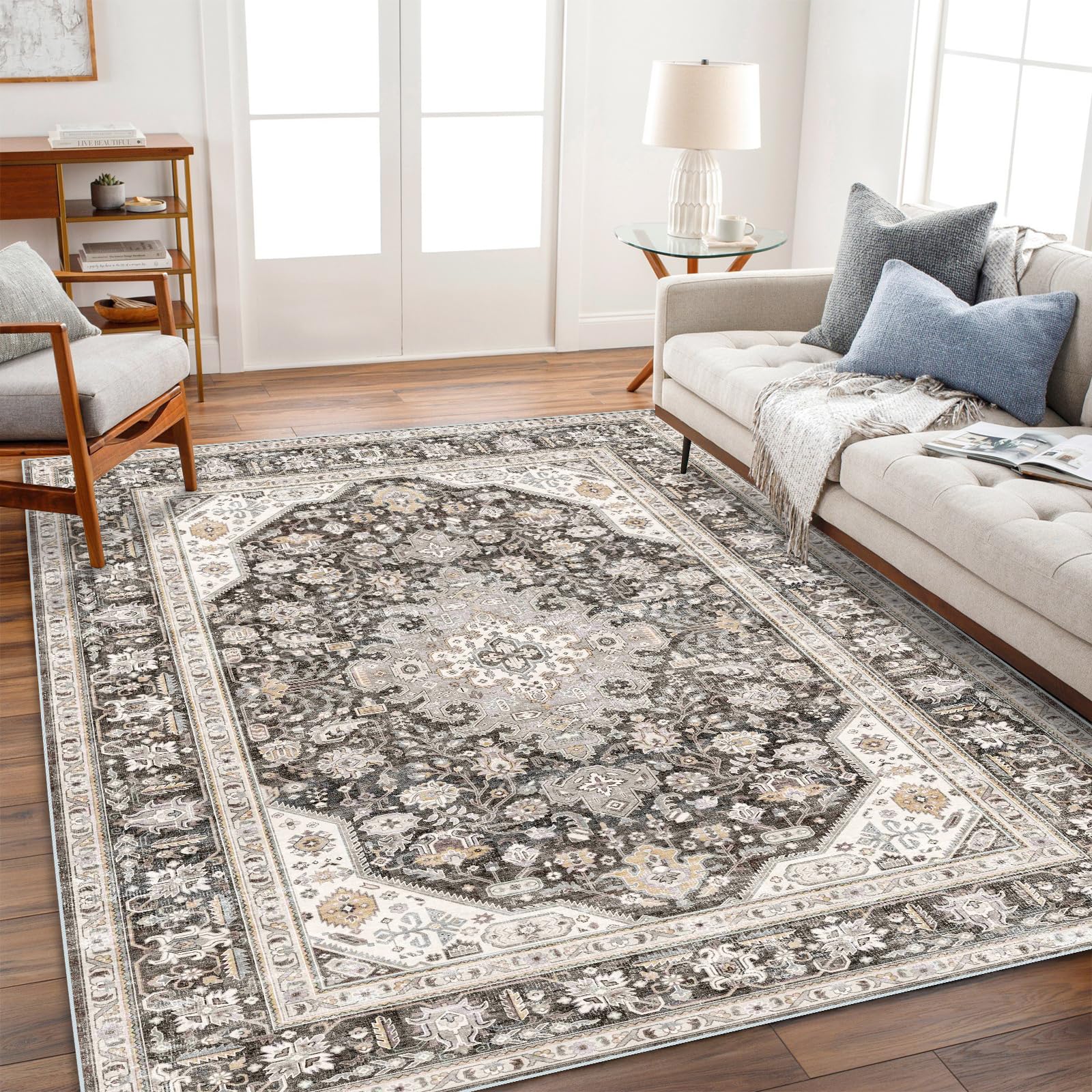 HILORUUG Washable Area Rug - 6x9 Bedroom Living Room Large Indoor Rugs Soft Oriental Vintage Rugs Non-Slip Backing Stain Resistant for Farmhouse Kitchen (6x9 Grey/Ivory/Black)