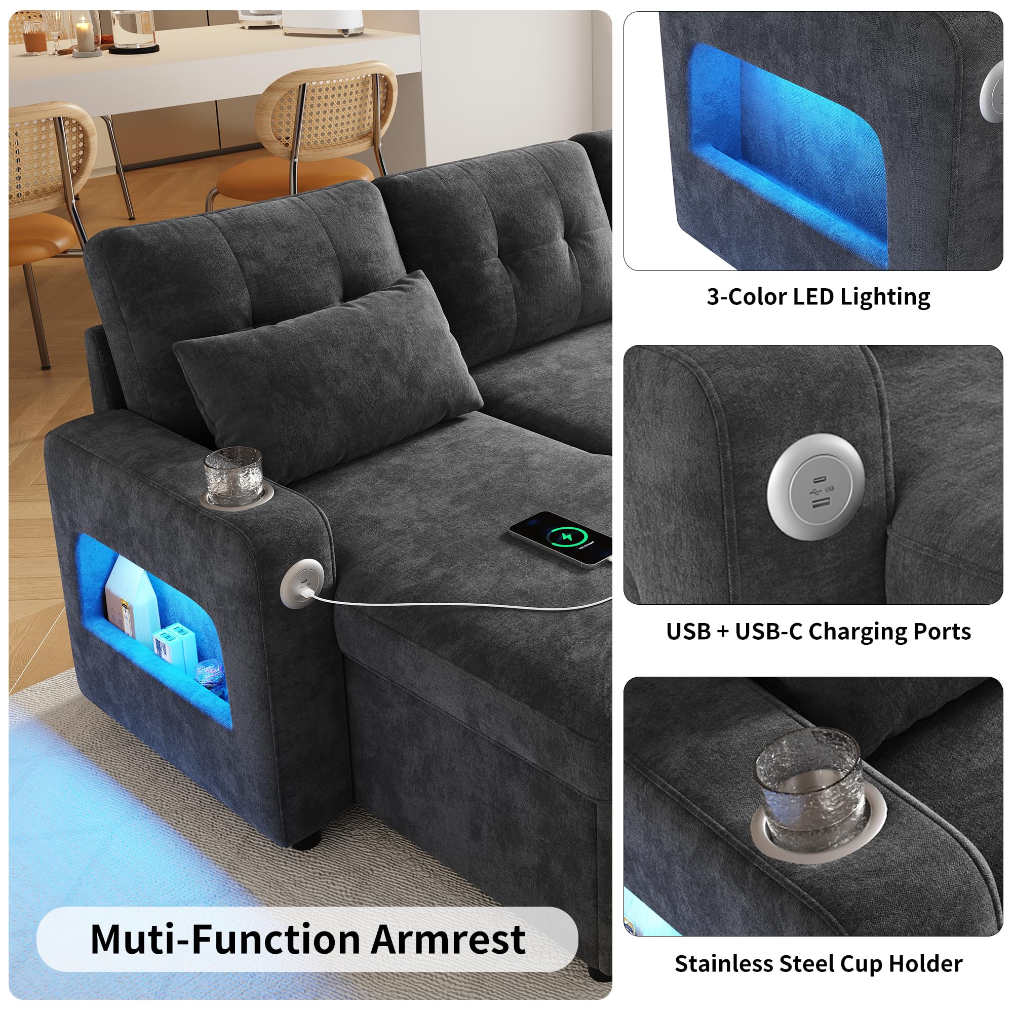 Sapgaks Canapé d'angle Convertible Moderne en U avec LED,Port de Chargement USB,Porte-gobelet,Poches latérales,Espace de Rangement,canapé lit,canapé Convertible 4 Places,Chenille (B-Gris)