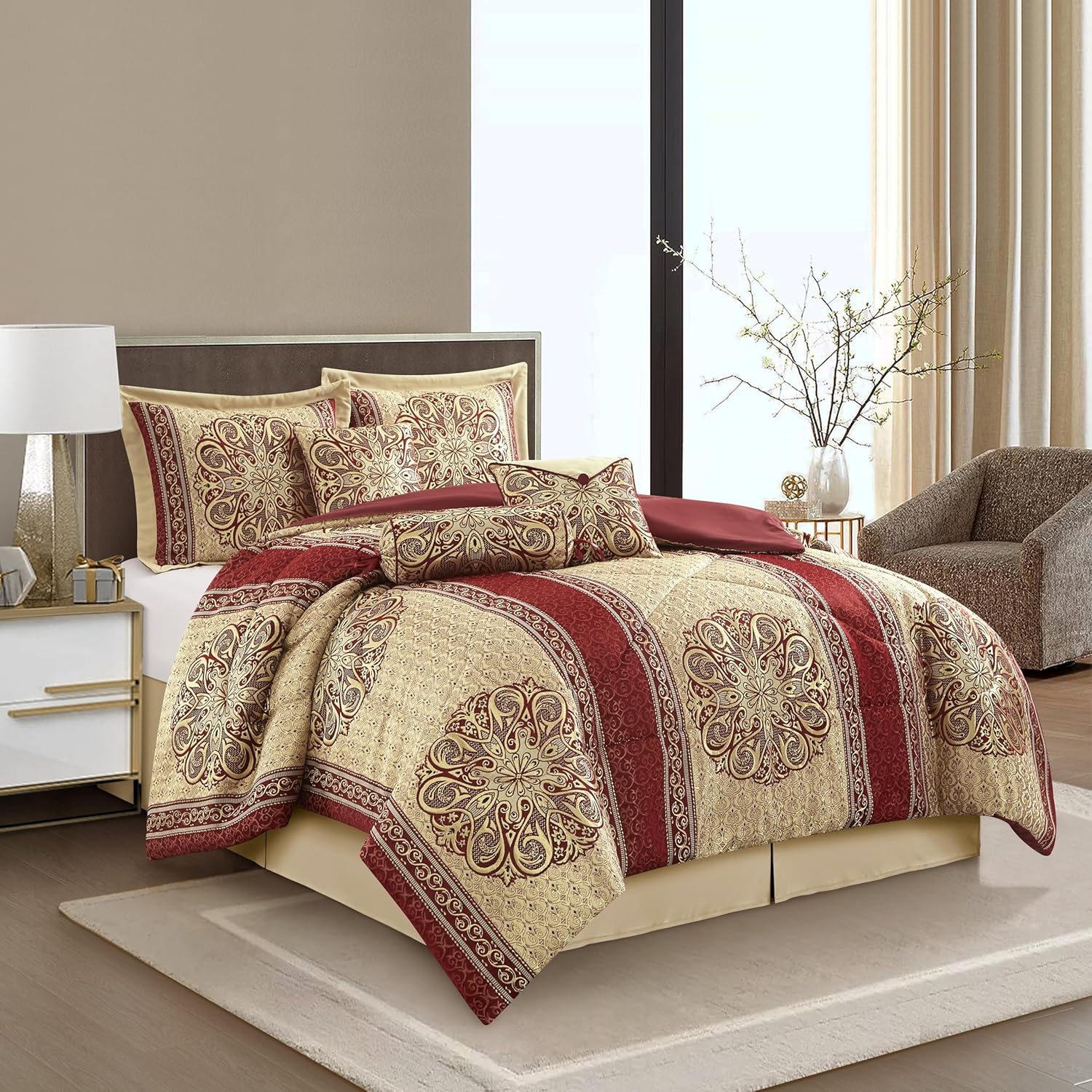 Grand Avenue Wine Gold Jacquard Comforter Set,Size Queen, 7 Piece, Burgundy Home Decor, Premium Lightweight Microfiber, Matching Bedskirt, Decorative Pillows & Shams, All Season Luxurious Bedding Set - Image 2