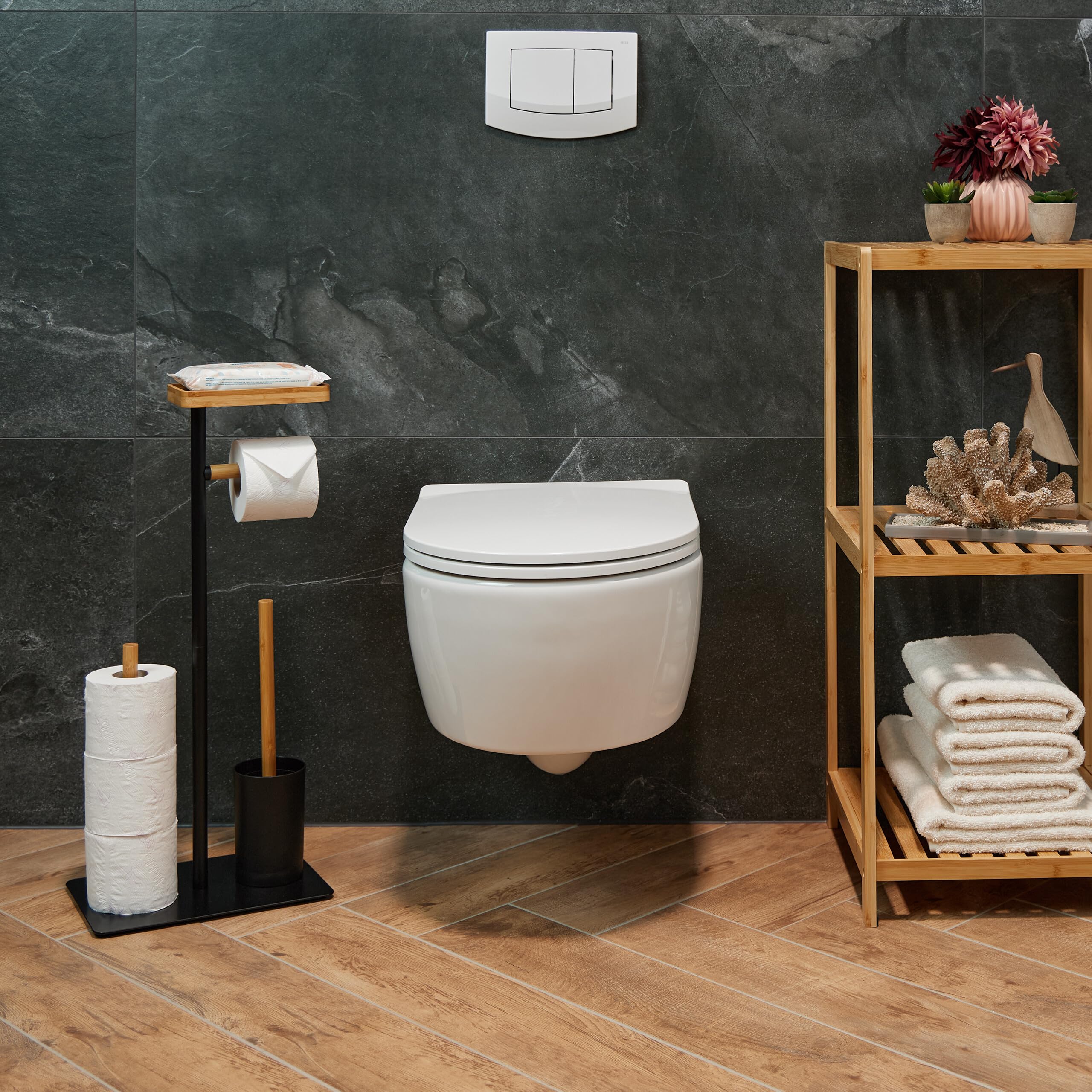 Relaxdays Serviteur WC, Bambou, Fer, Support Non Fixe, Brosse et Porte-Brosse, Noir - Nature