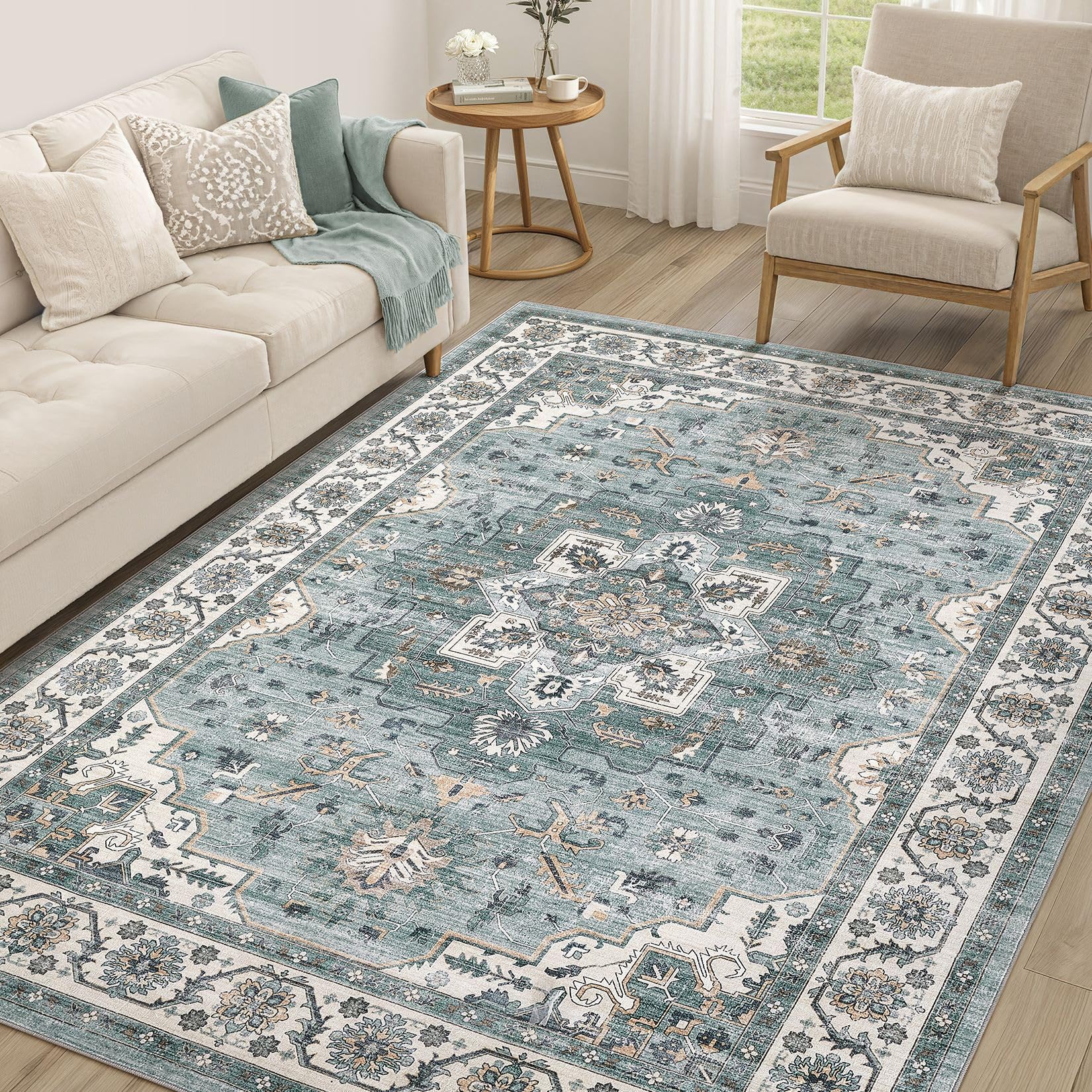 Vintage Living Room Area Rug 5x7 - Large Soft Washable Oriental Traditional Distressed Farmhouse Rugs for Bedroom - Indoor Floor Accent Carpet for Home Office House Decor - Denim Blue โ image 1