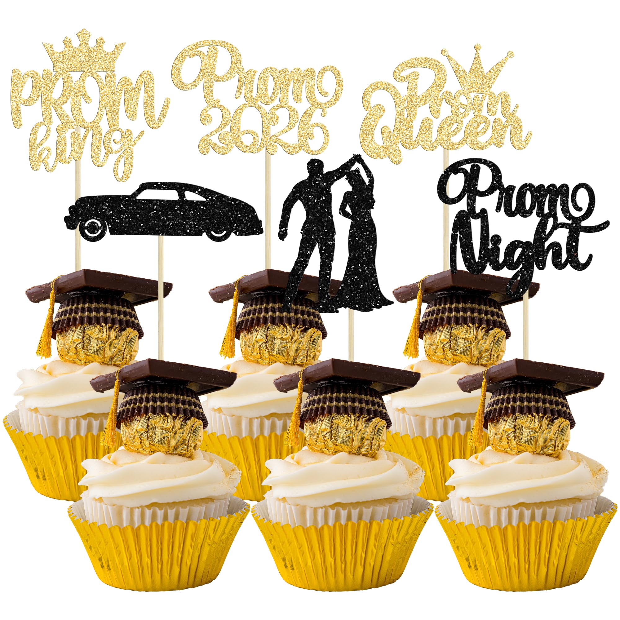 Gyufise 24Pcs Black Gold Prom Cupcake Topper Prom Decorations for Party 2026 Prom Graduation Cupcake Topper 2026 Graduation Decorations Class of 2026 Party Decoration Supplies