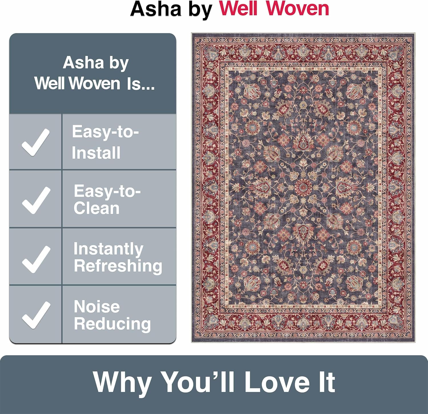 Well Woven Asha Rome Navy Blue Red 2'3" x 7'3" Runner Rug - Oriental Floral Pattern, Easy Clean, Floor-Friendly Backing - for Hallway, Entryway, and Kitchen