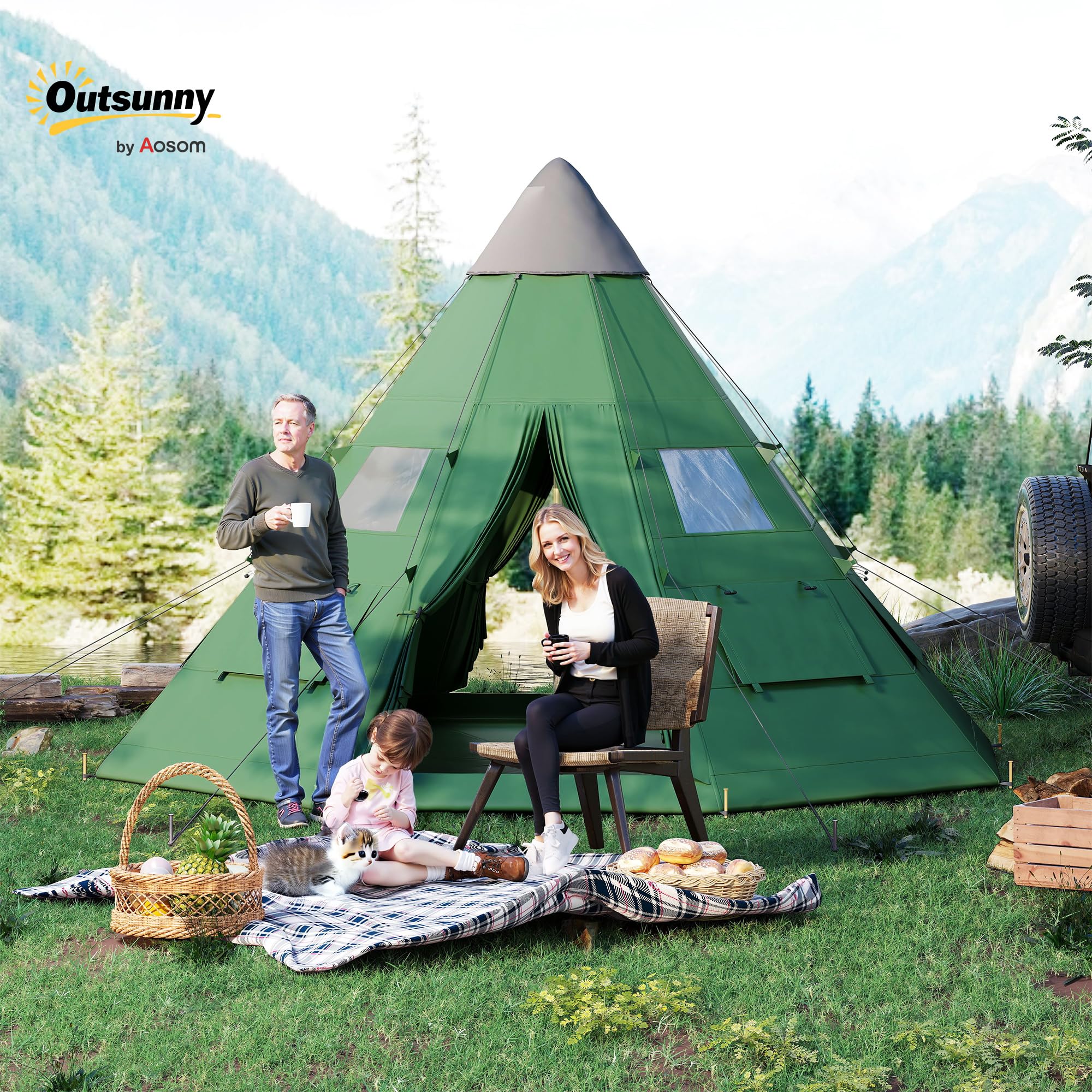 Outsunny Tente Tipi pour 6 hommes, avec fenêtres en maille, sol cousu, deux portes et sac de transport, installation facile, pour randonnée, pique-nique, nuit en plein air