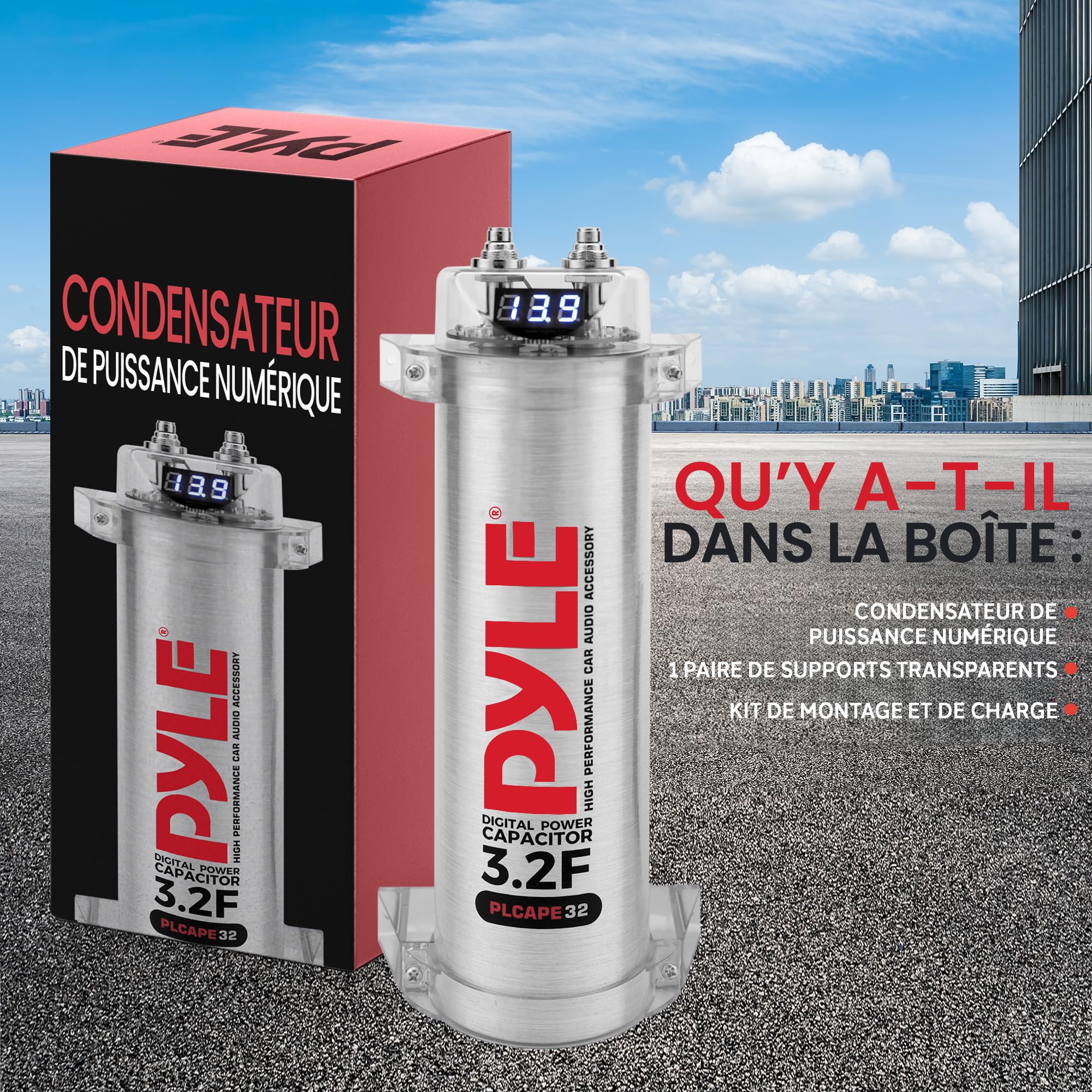 Pyle Condensateur de puissance numérique de 3.2 Farad - Accessoire haute performance pour audio de voiture avec écran numérique bleu | Lecture de tension | Protection contre les surtensions