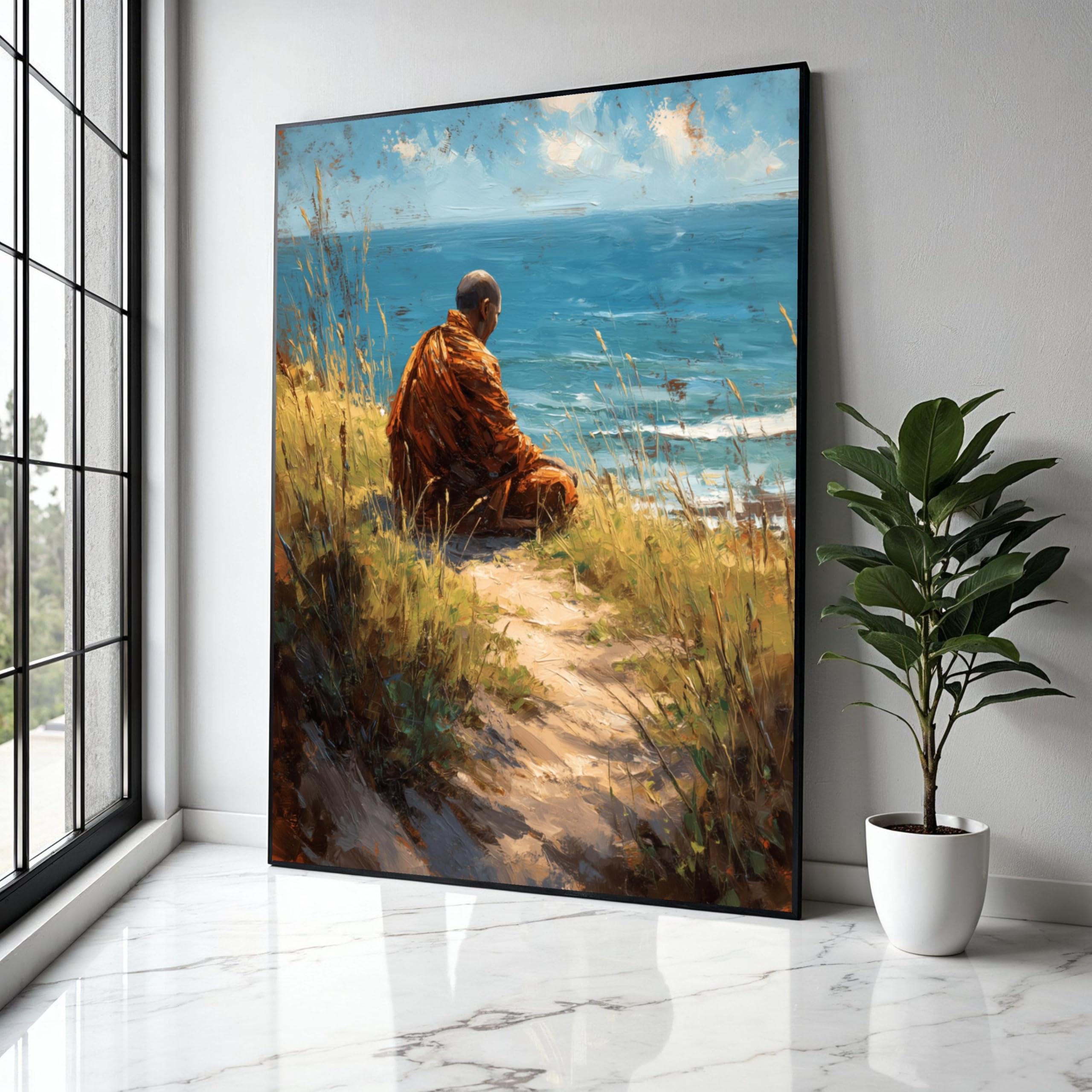 YUSUZHU Stampa su tela Monaco meditativo di Ocean, paesaggio marino, dipinto sulla natura spirituale, poster costieri, decorazione per la casa (60x90 cm/cornice interna)